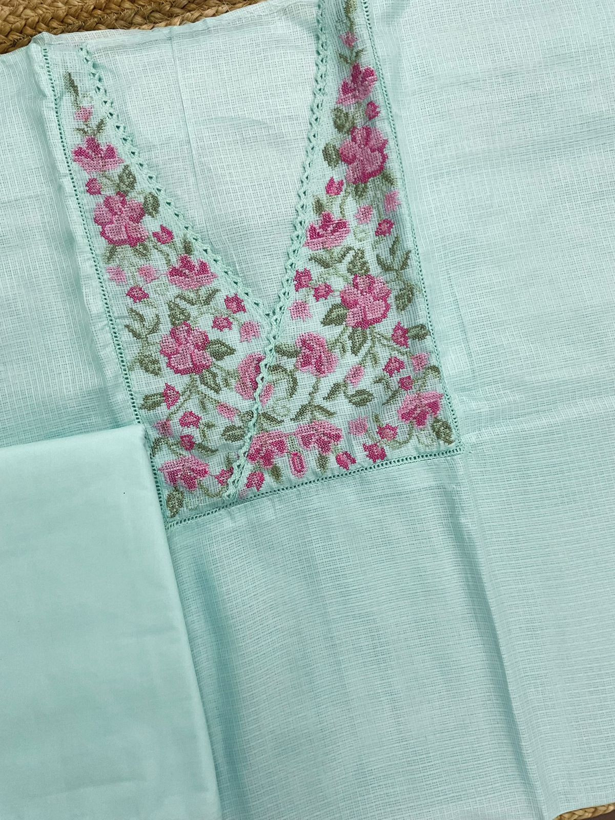 Soft Kota Silk Embroidered Suit - Blue