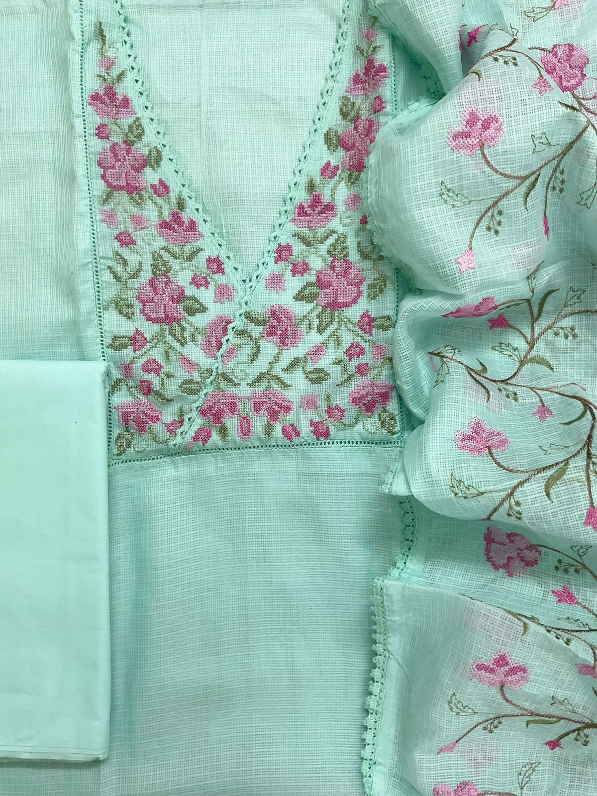 Soft Kota Silk Embroidered Suit - Blue