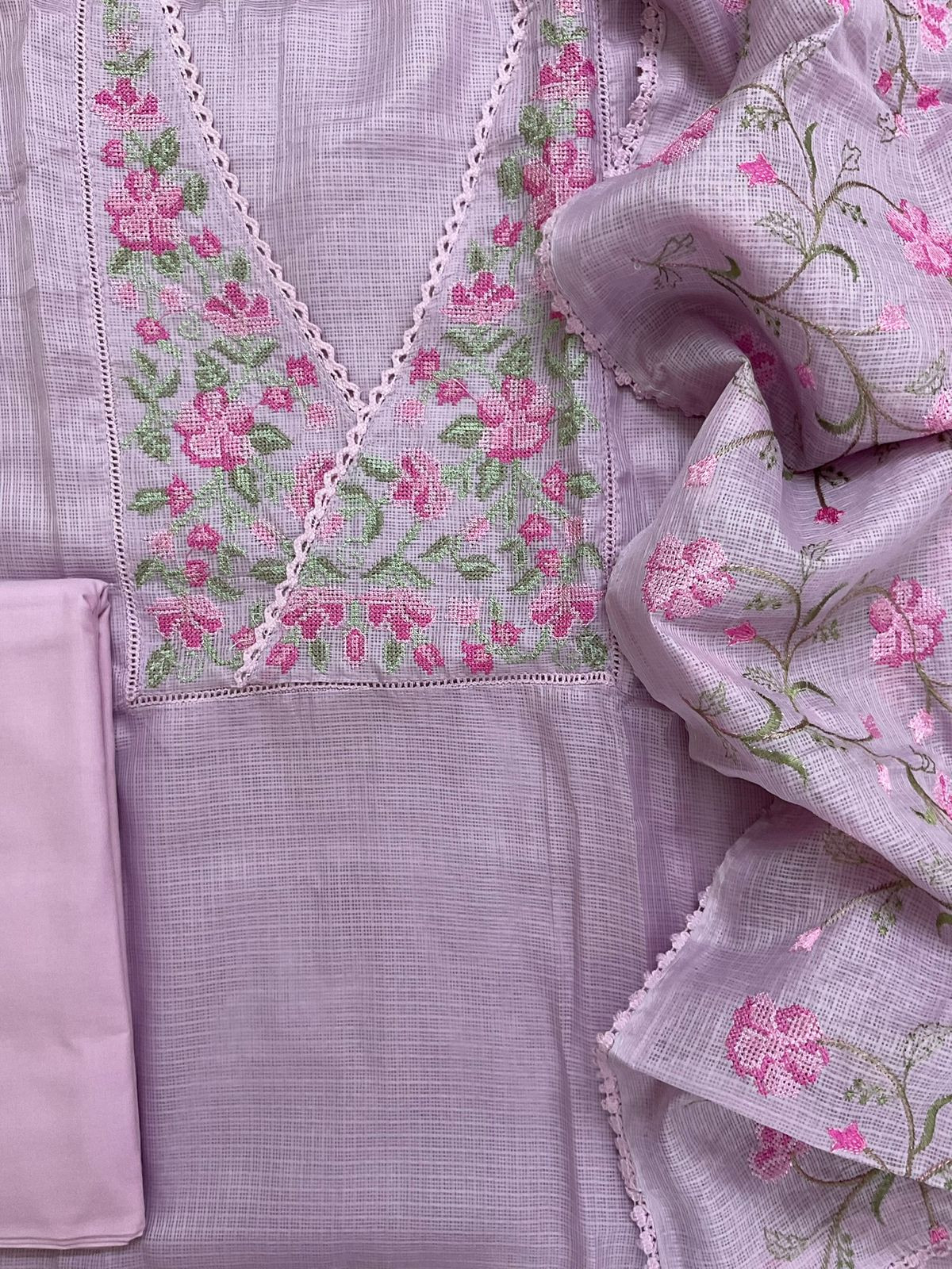 Soft Kota Silk Embroidered Suit - Purple