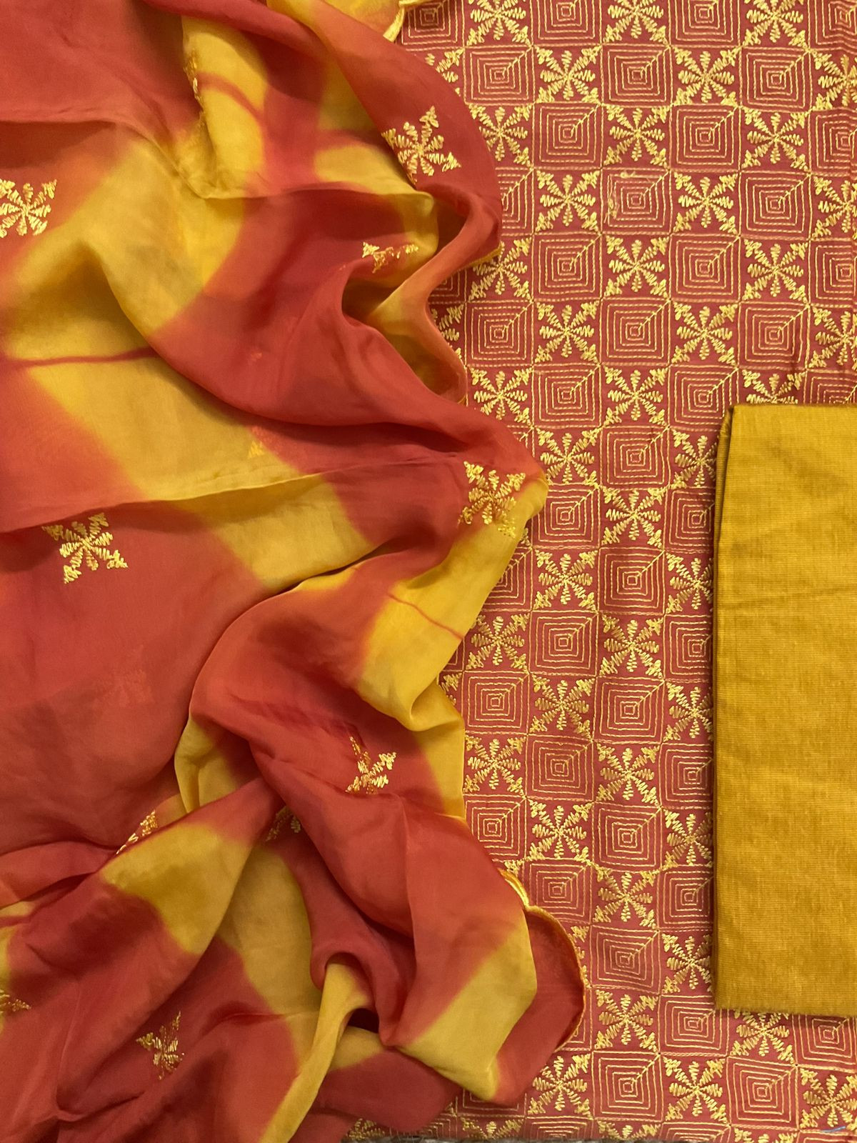 Pure Linen Chanderi Embroidered Suit - Orange