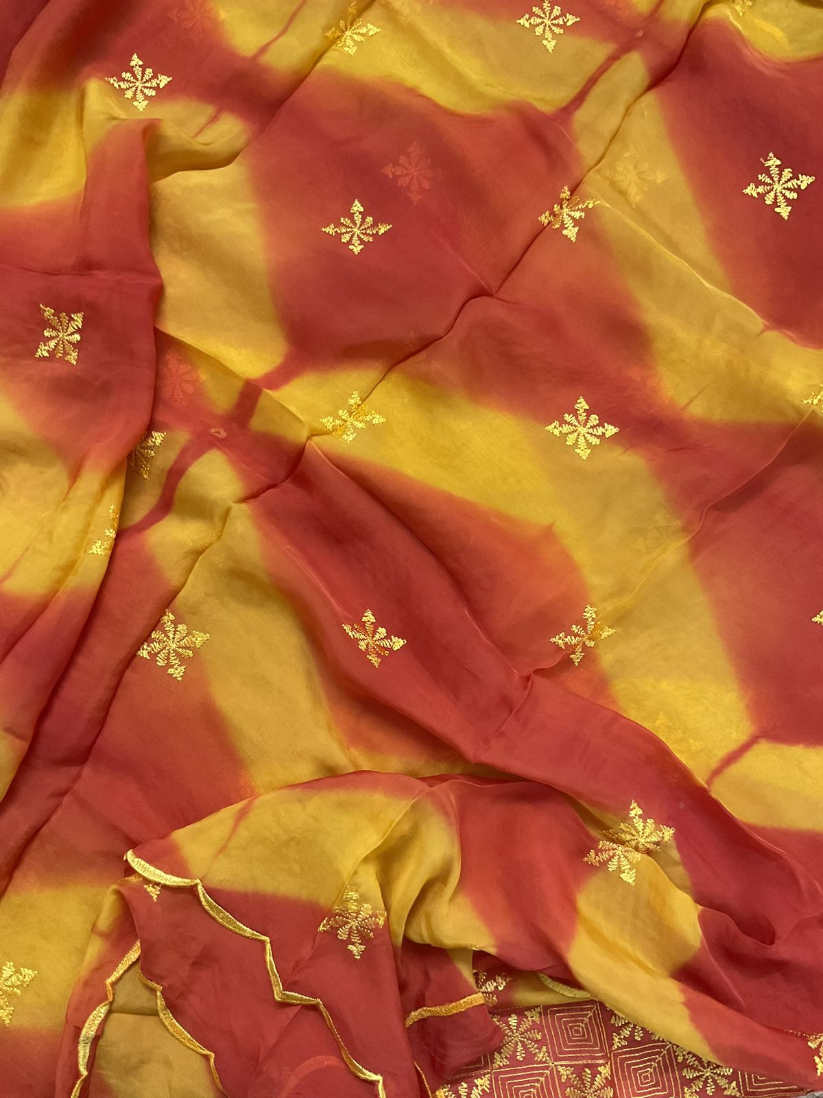 Pure Linen Chanderi Embroidered Suit - Orange