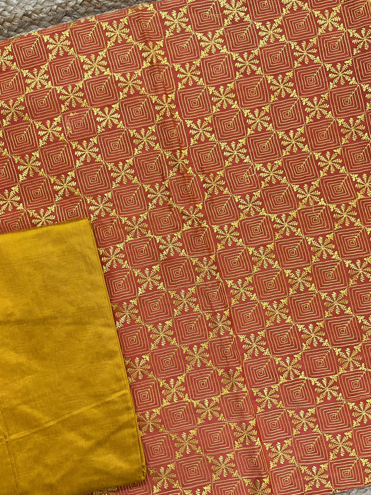 Pure Linen Chanderi Embroidered Suit - Orange