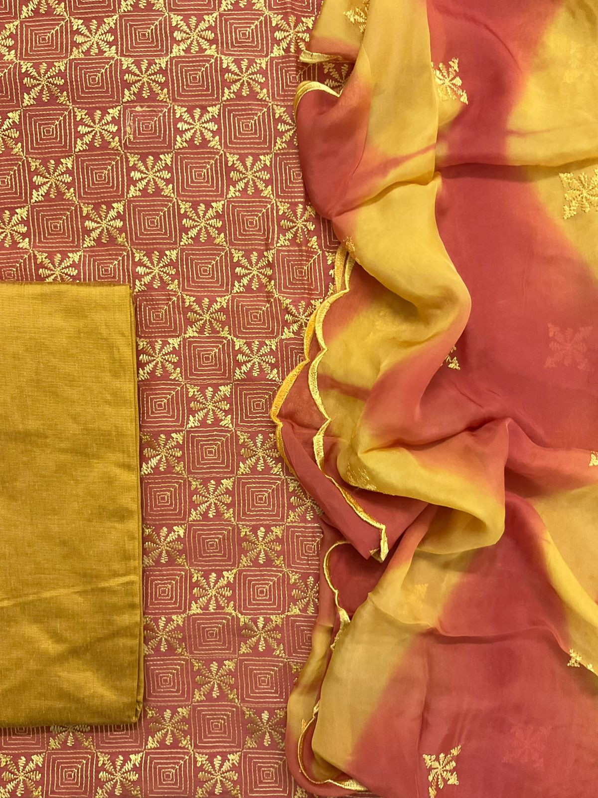 Pure Linen Chanderi Embroidered Suit - Orange