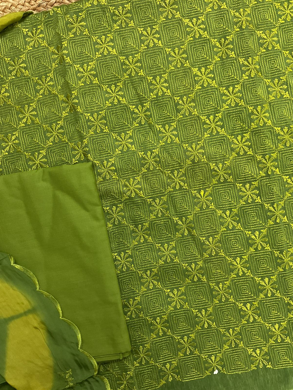 Pure Linen Chanderi Embroidered Suit - Green