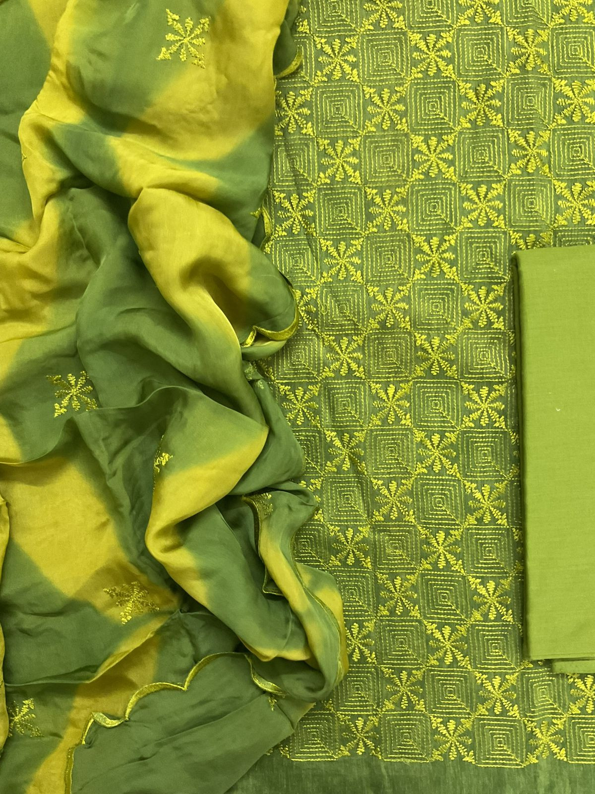 Pure Linen Chanderi Embroidered Suit - Green