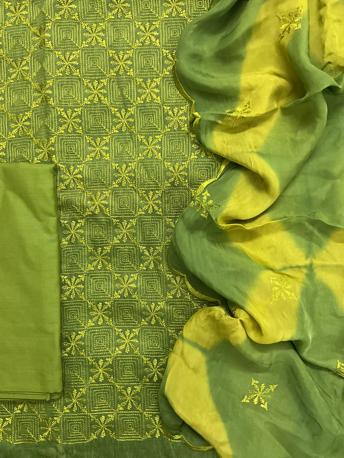 Pure Linen Chanderi Embroidered Suit - Green