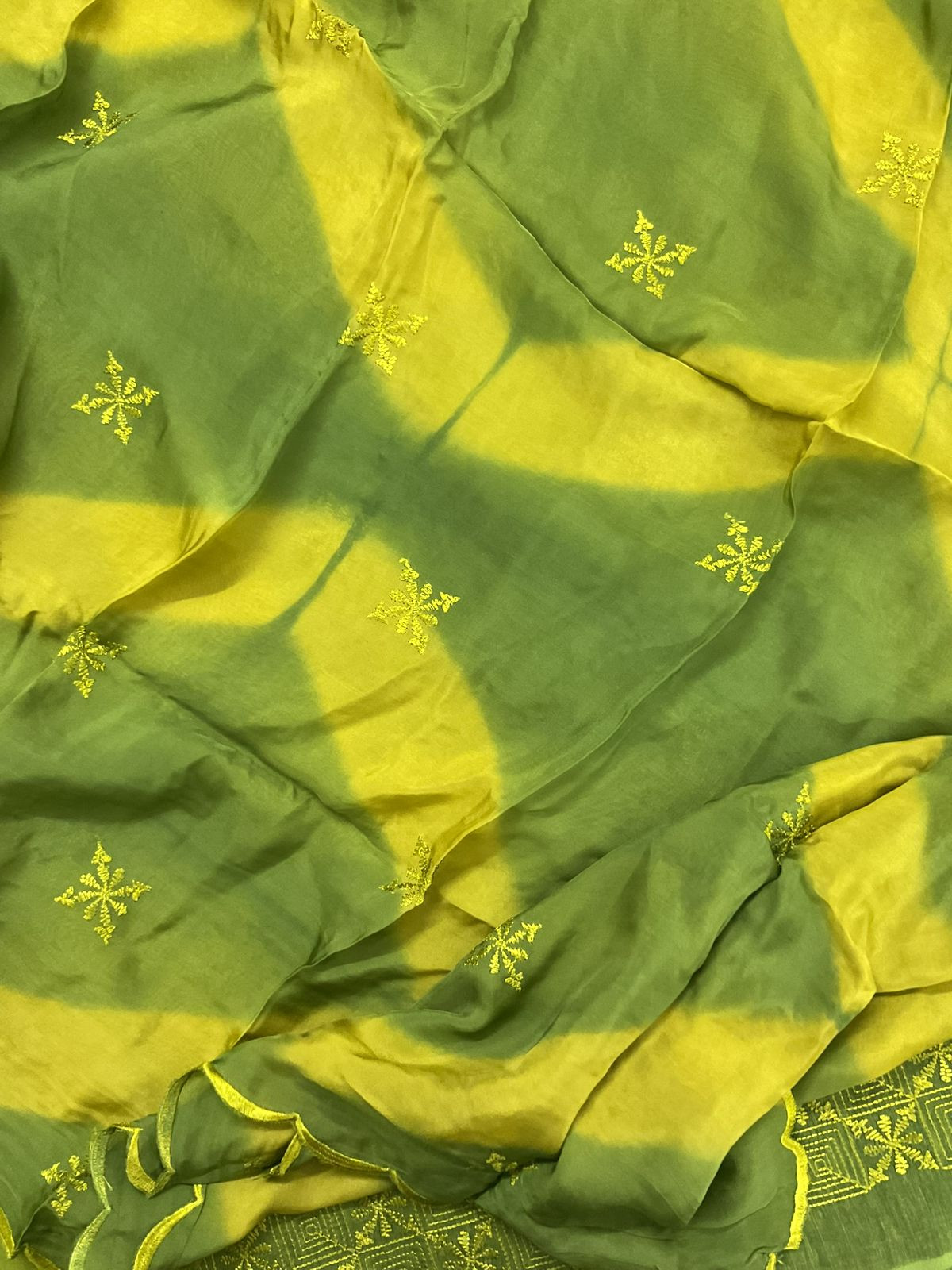 Pure Linen Chanderi Embroidered Suit - Green