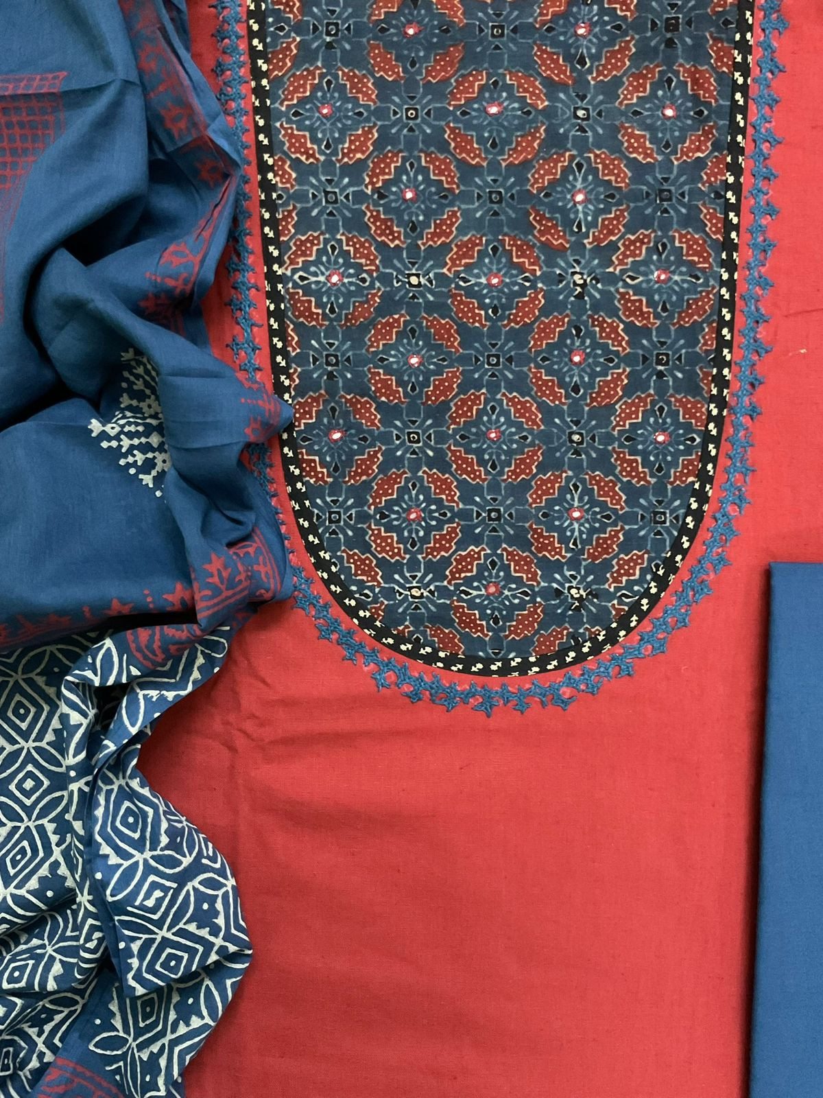 Pure Cotton Printed Embroidered Suit - Red