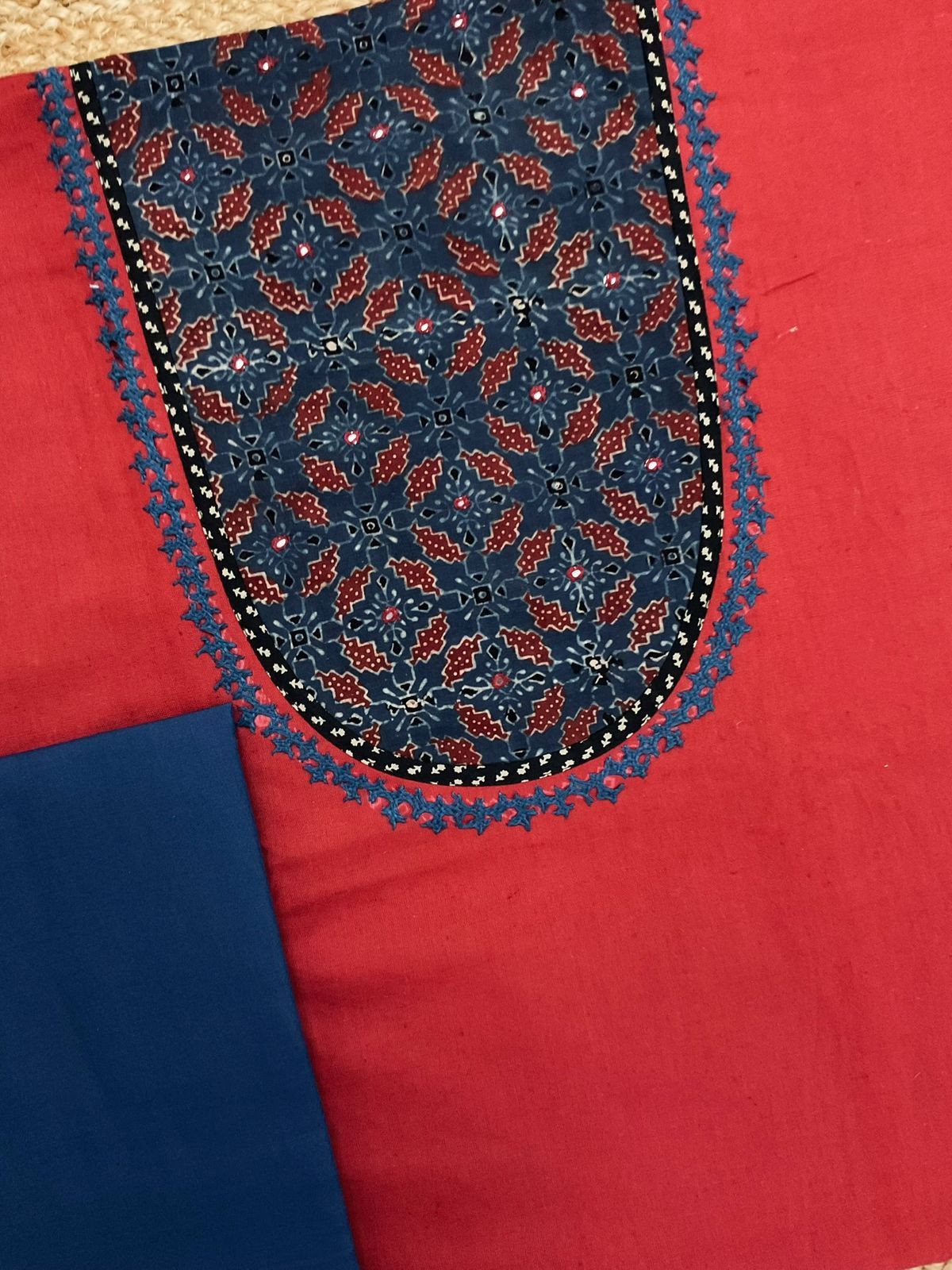 Pure Cotton Printed Embroidered Suit - Red