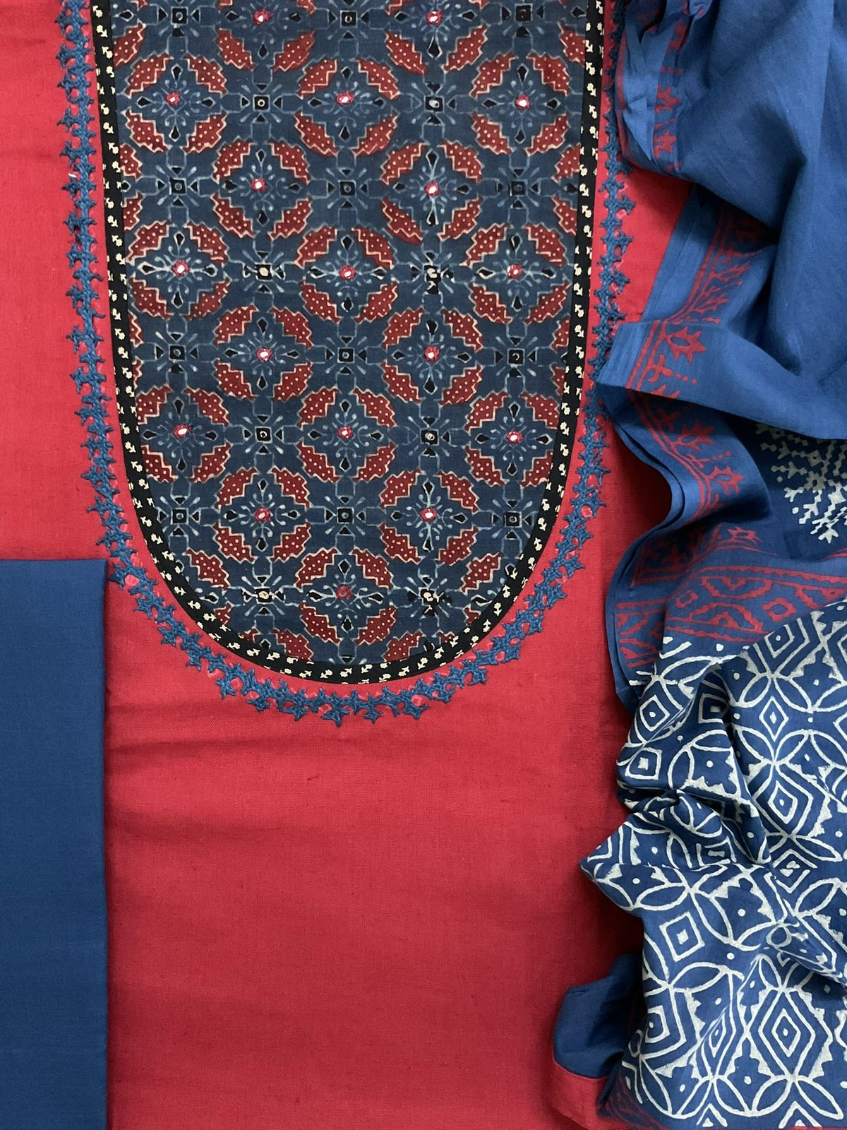 Pure Cotton Printed Embroidered Suit - Red