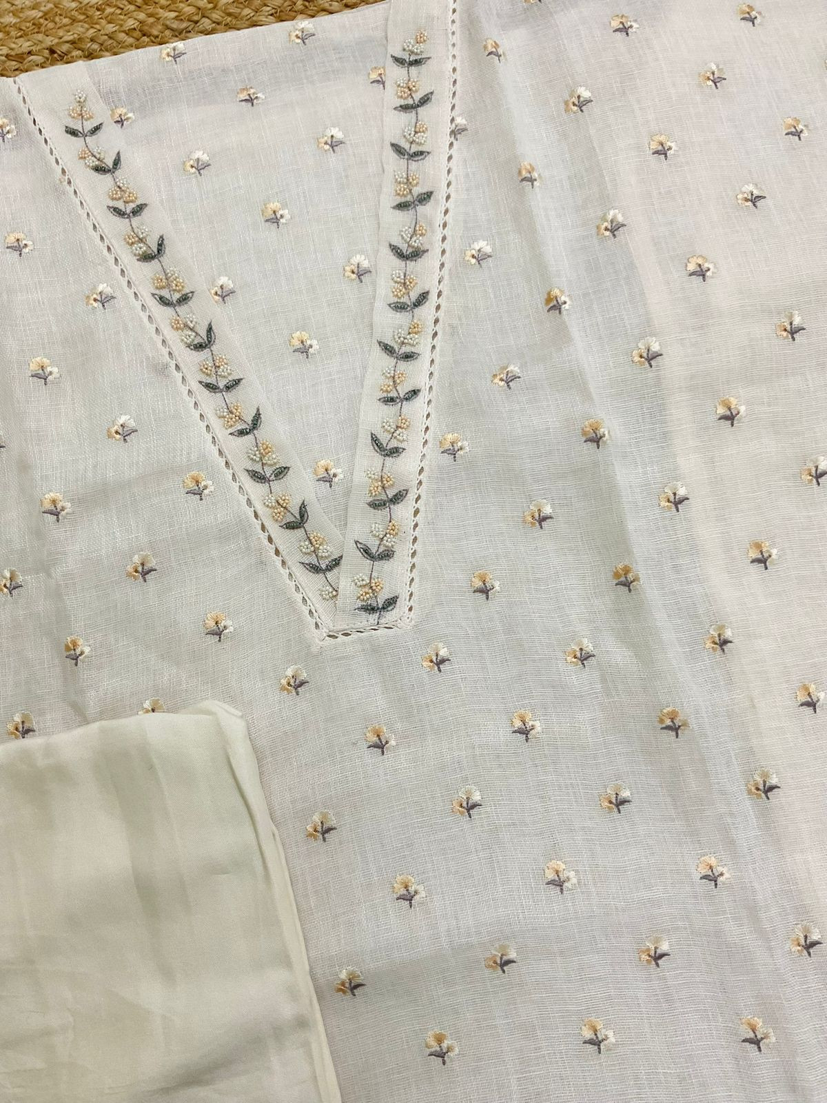Soft Linen Jute Cotton Printed Embroidered Suit - Offwhite