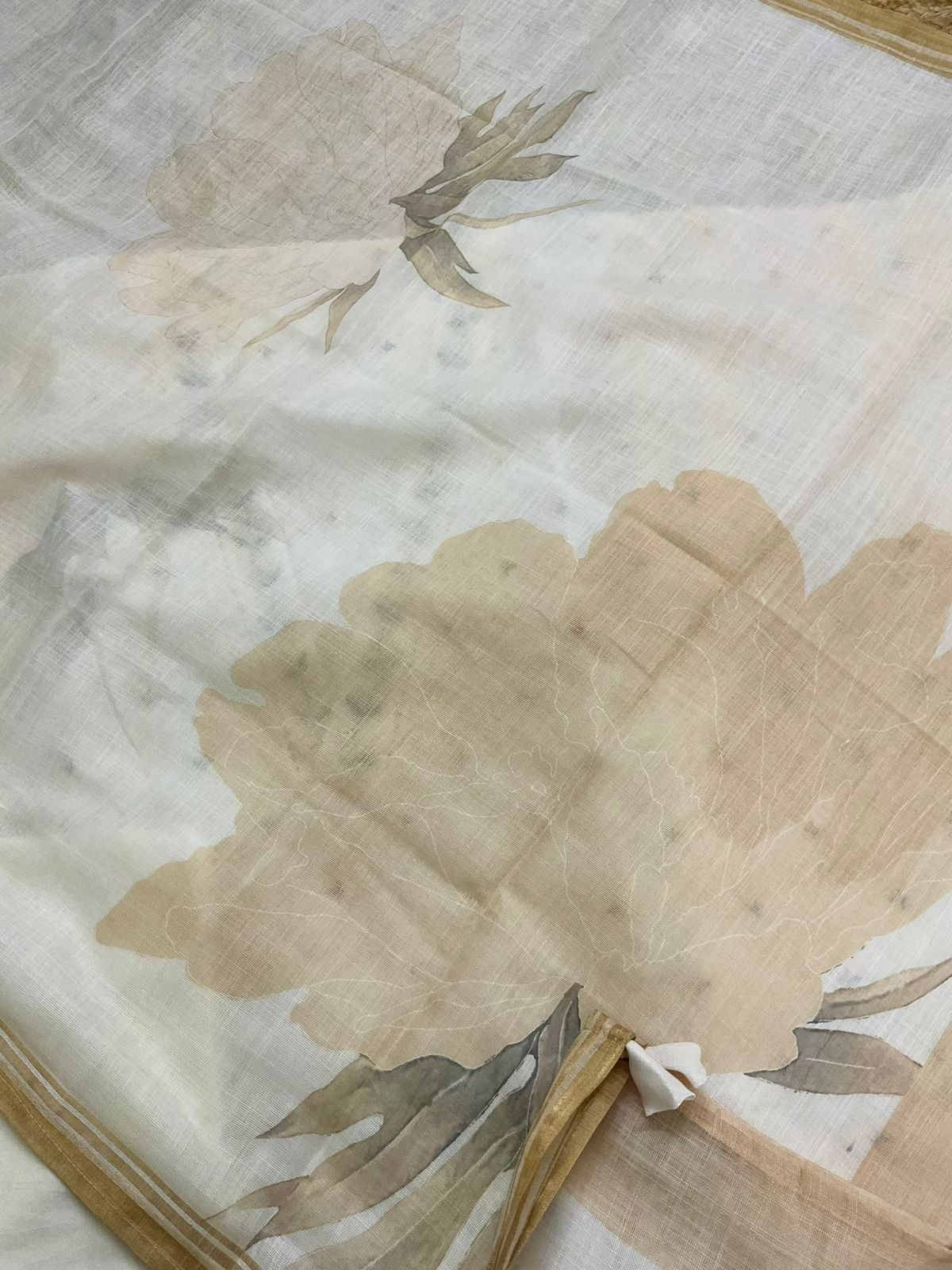 Soft Linen Jute Cotton Printed Embroidered Suit - Offwhite