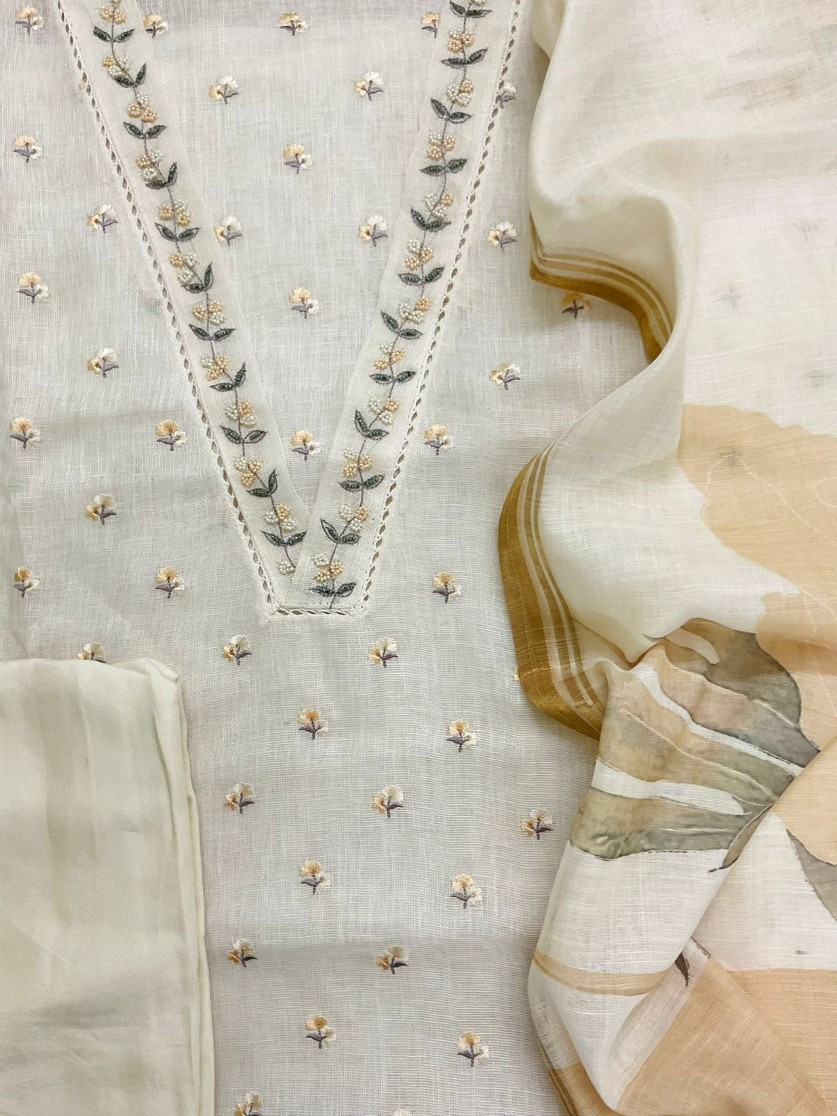 Soft Linen Jute Cotton Printed Embroidered Suit - Offwhite
