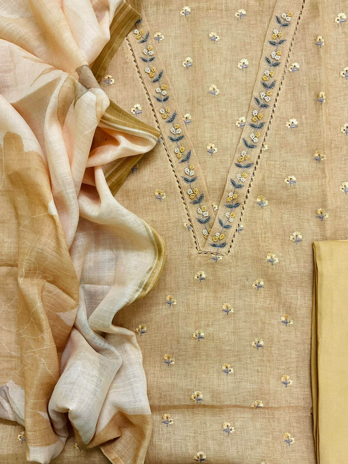 Soft Linen Jute Cotton Printed Embroidered Suit - Mustard