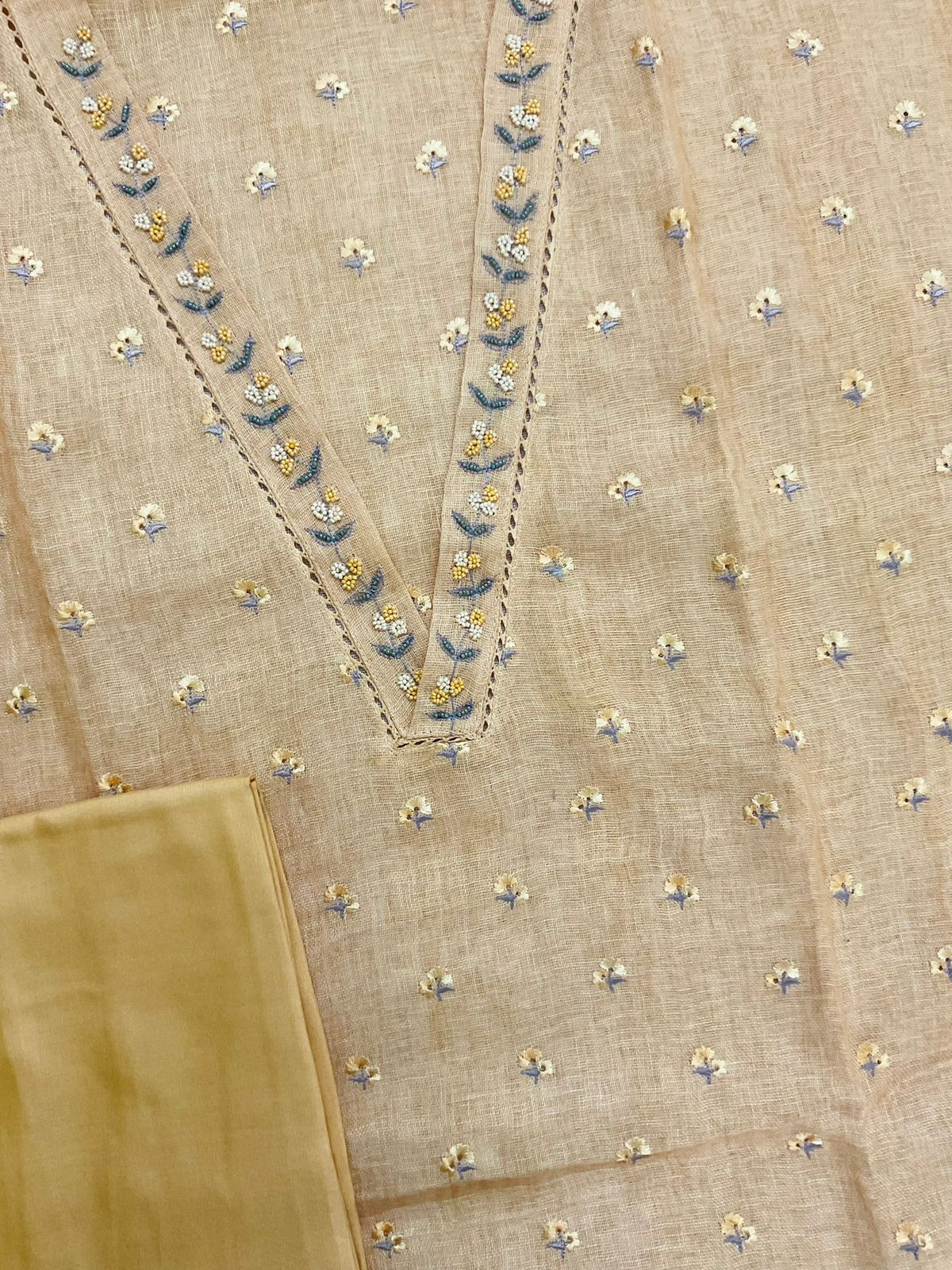 Soft Linen Jute Cotton Printed Embroidered Suit - Mustard