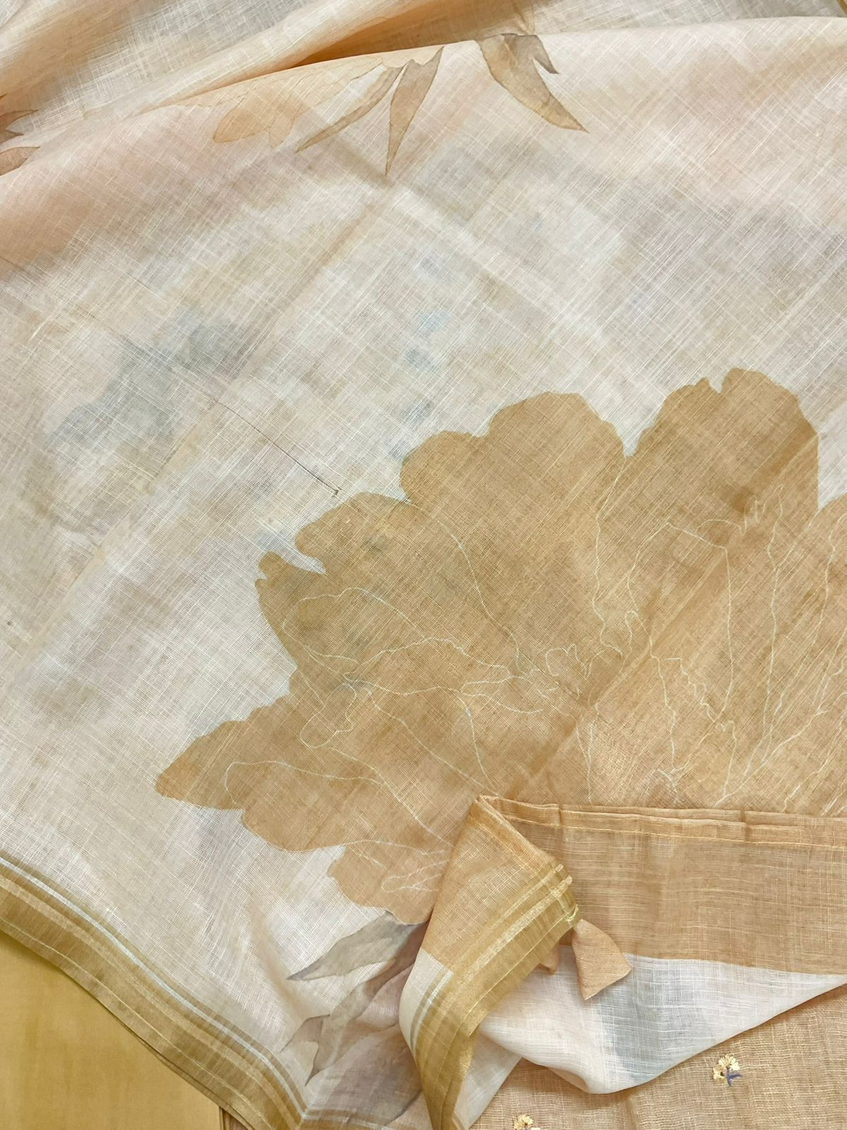 Soft Linen Jute Cotton Printed Embroidered Suit - Mustard