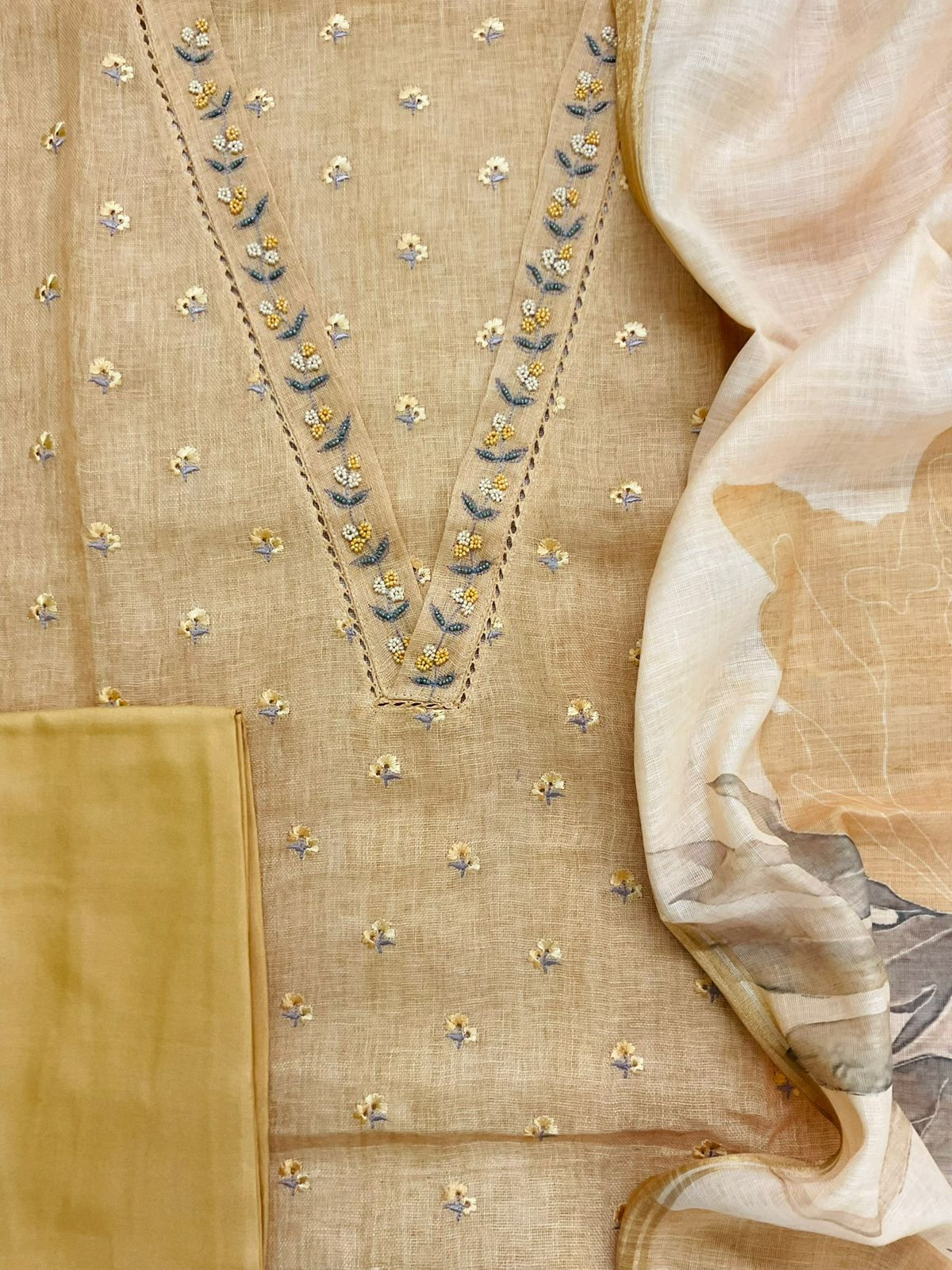 Soft Linen Jute Cotton Printed Embroidered Suit - Mustard