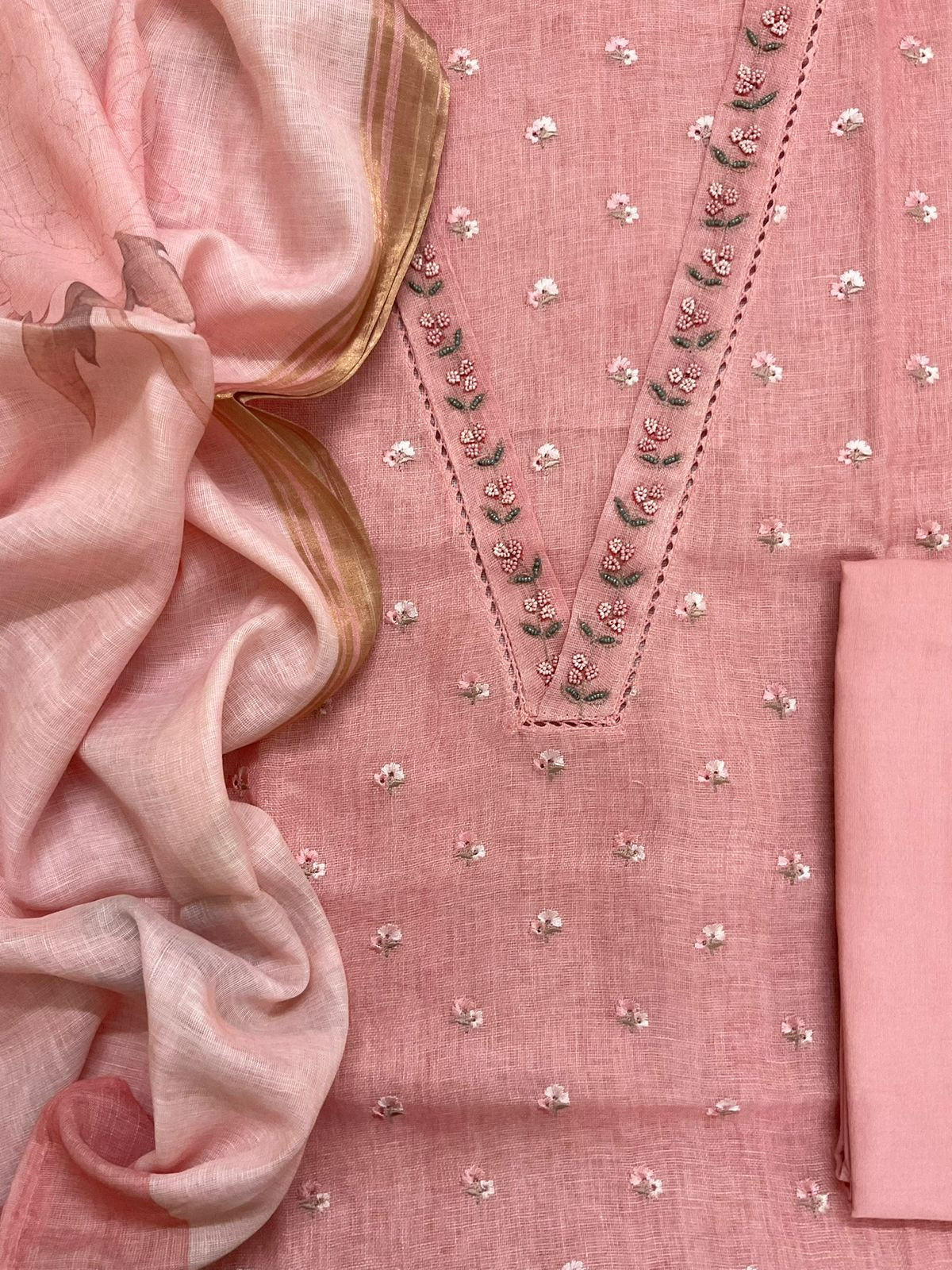 Soft Linen Jute Cotton Printed Embroidered Suit - Pink