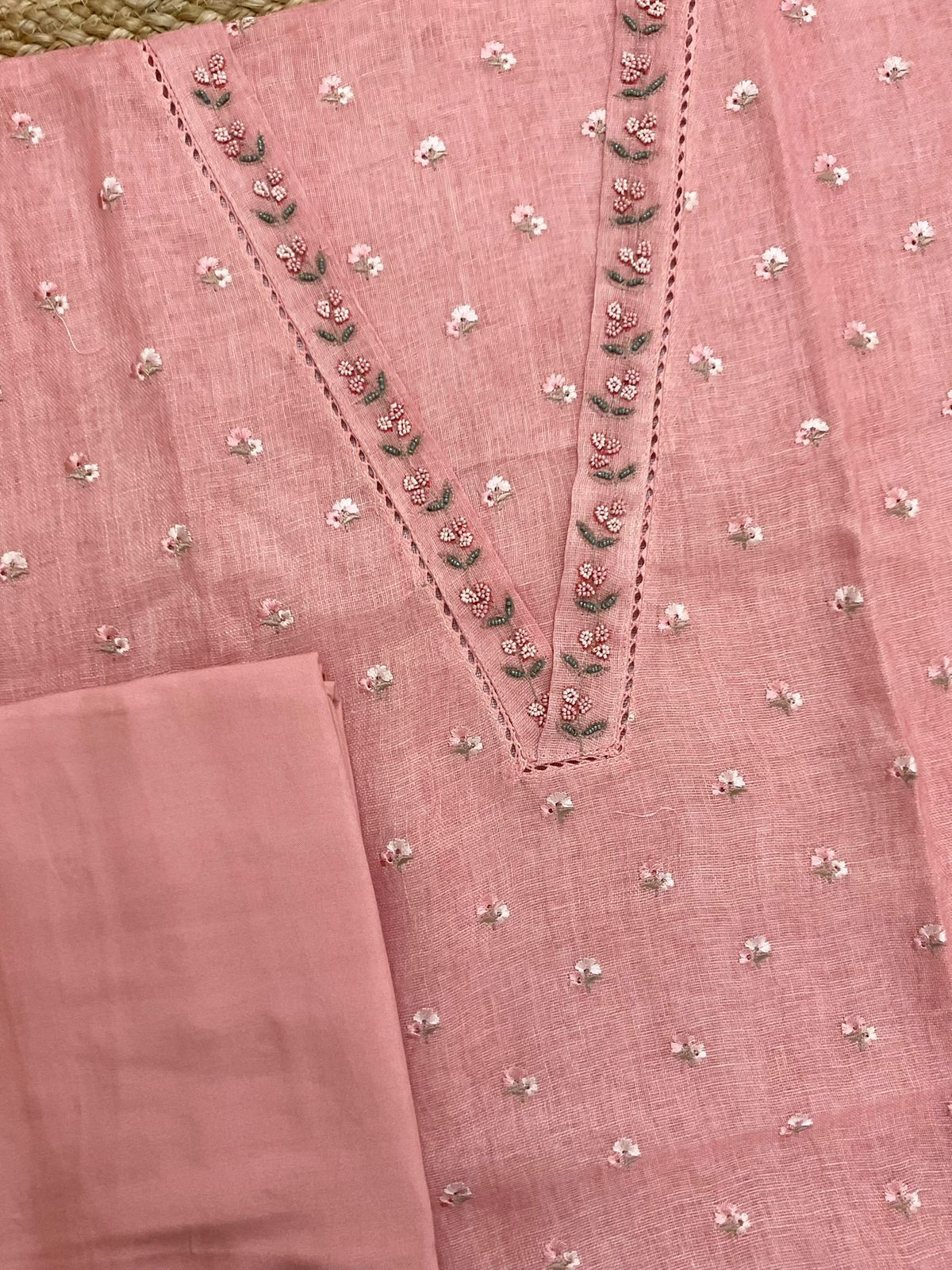 Soft Linen Jute Cotton Printed Embroidered Suit - Pink