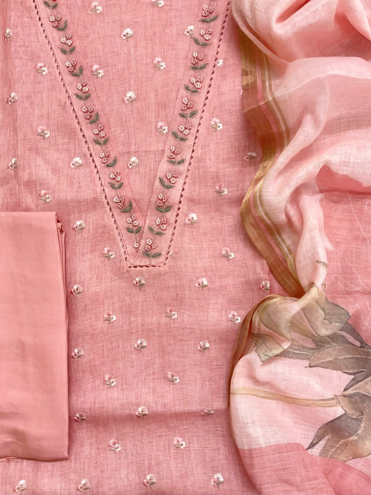 Soft Linen Jute Cotton Printed Embroidered Suit - Pink