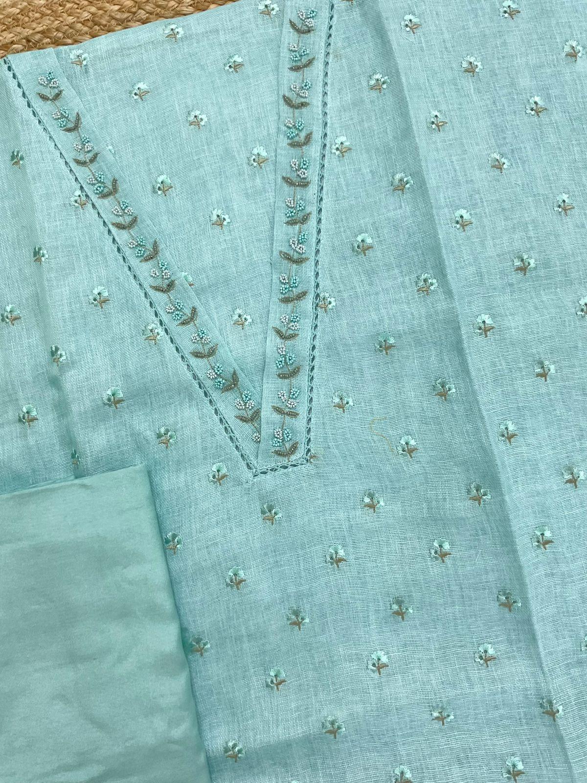 Soft Linen Jute Cotton Printed Embroidered Suit - Blue