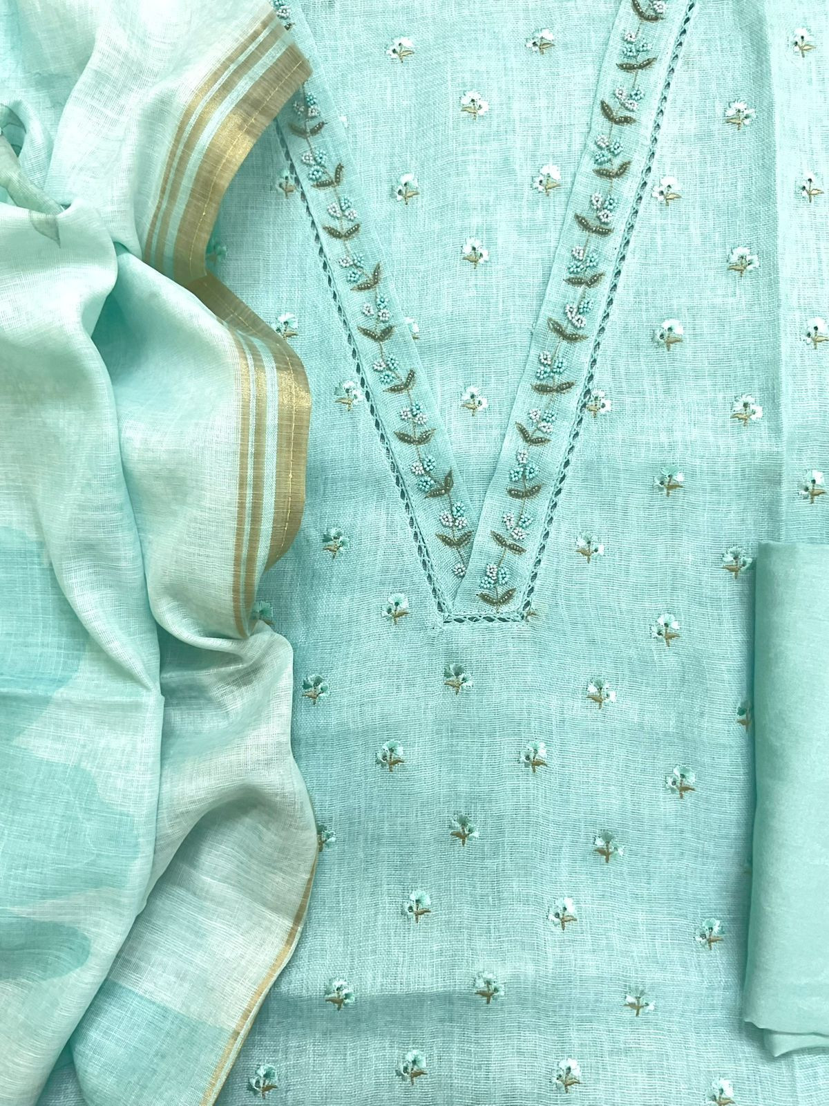 Soft Linen Jute Cotton Printed Embroidered Suit - Blue