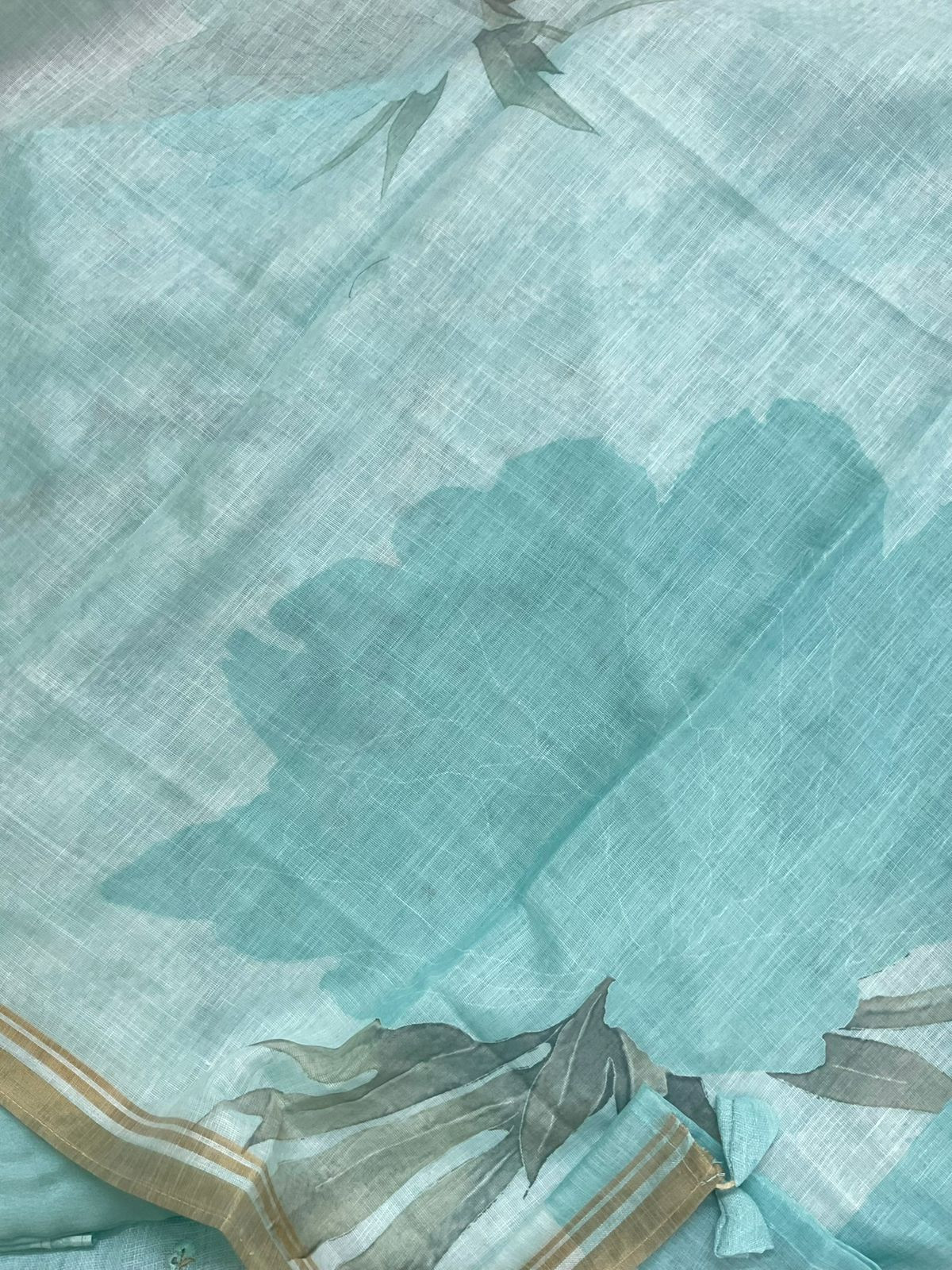 Soft Linen Jute Cotton Printed Embroidered Suit - Blue