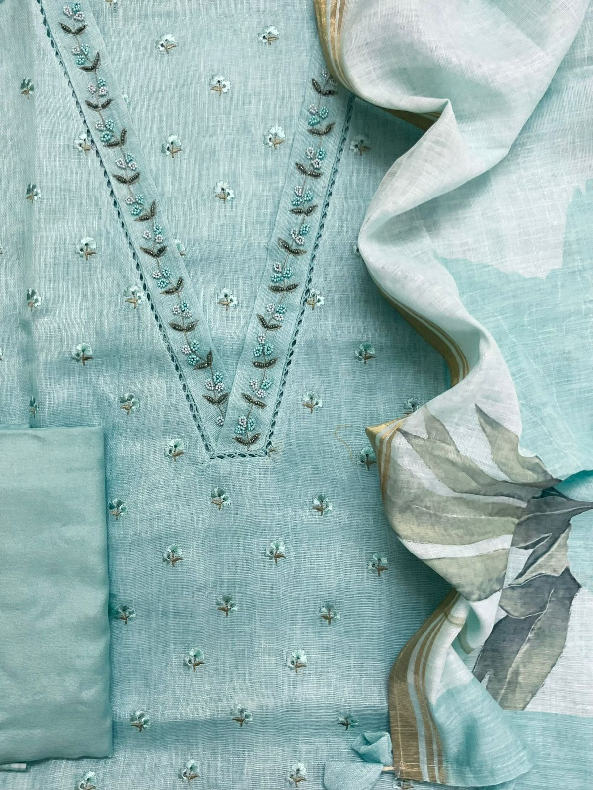 Soft Linen Jute Cotton Printed Embroidered Suit - Blue