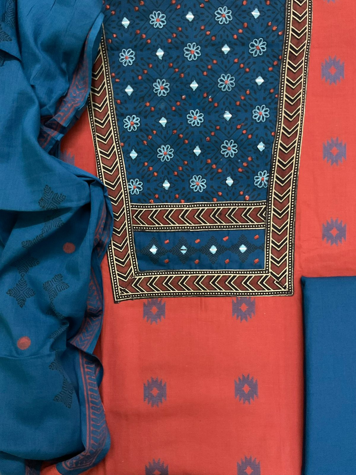 Pure Cotton Printed Embroidered Self Weaved Suit - Red