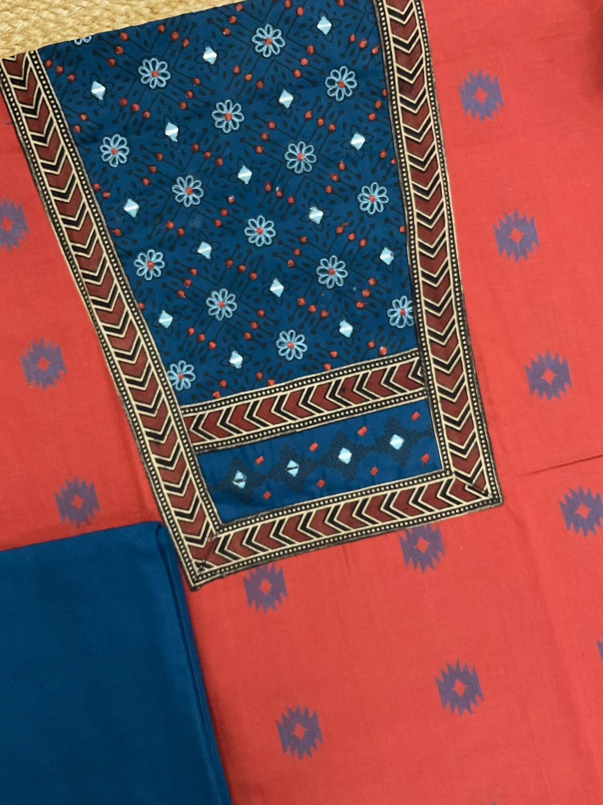 Pure Cotton Printed Embroidered Self Weaved Suit - Red