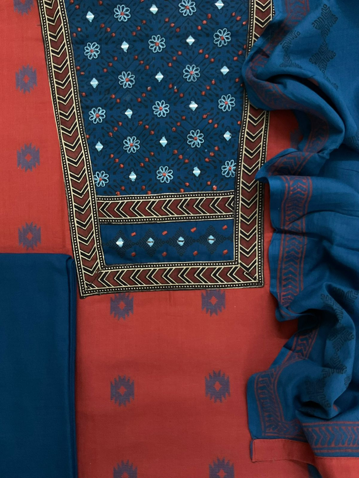 Pure Cotton Printed Embroidered Self Weaved Suit - Red