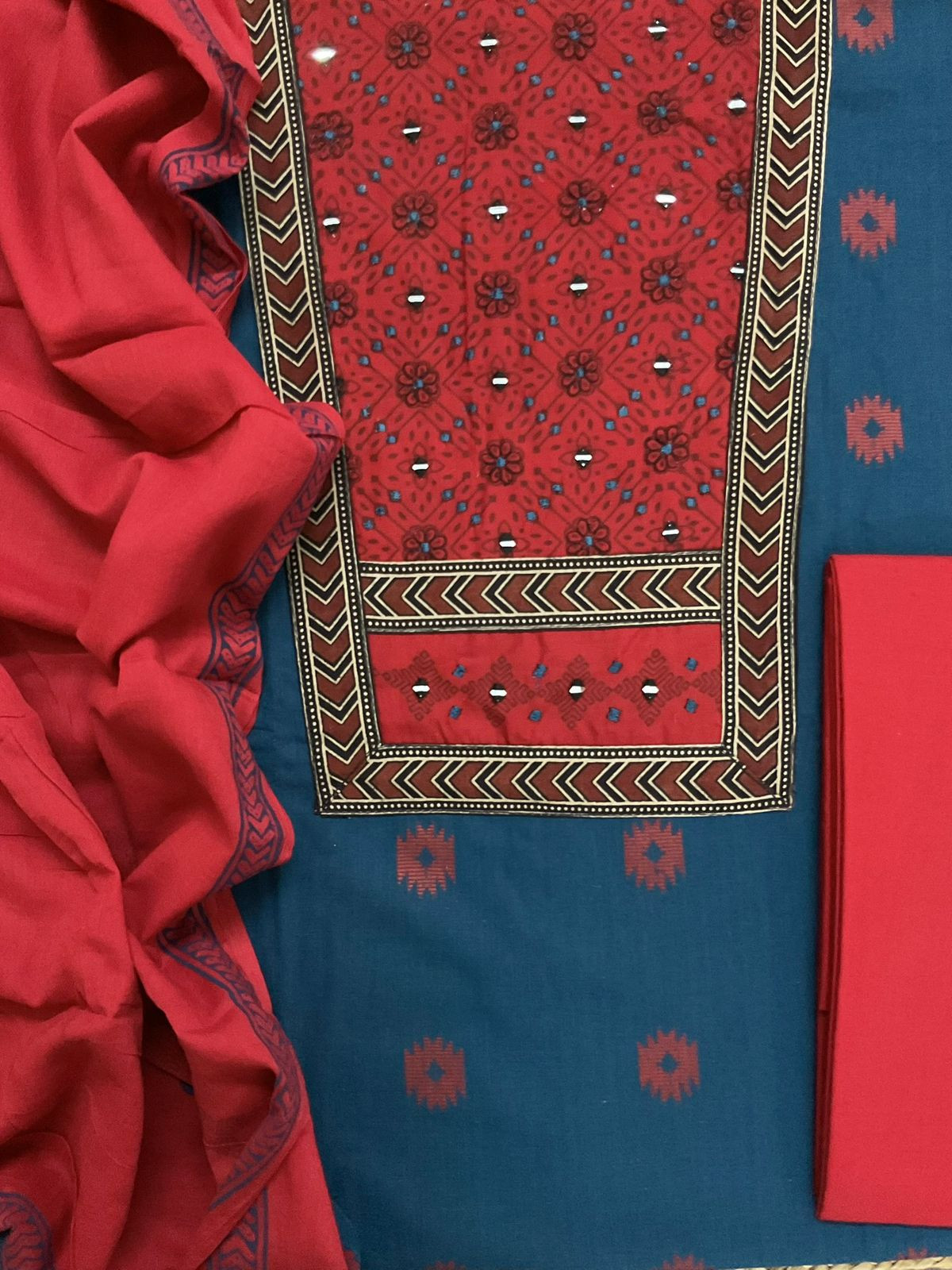 Pure Cotton Printed Embroidered Self Weaved Suit - Blue