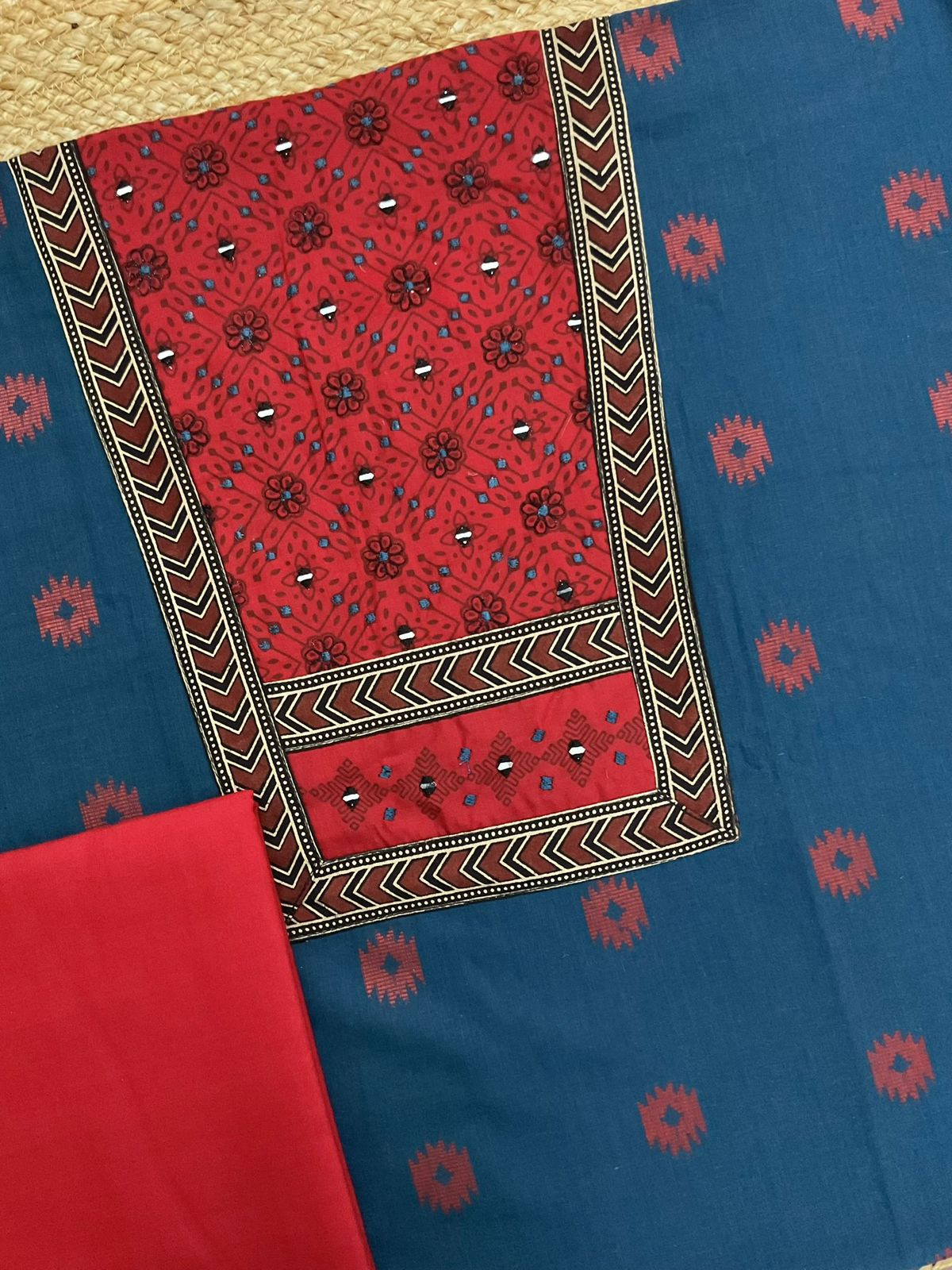 Pure Cotton Printed Embroidered Self Weaved Suit - Blue