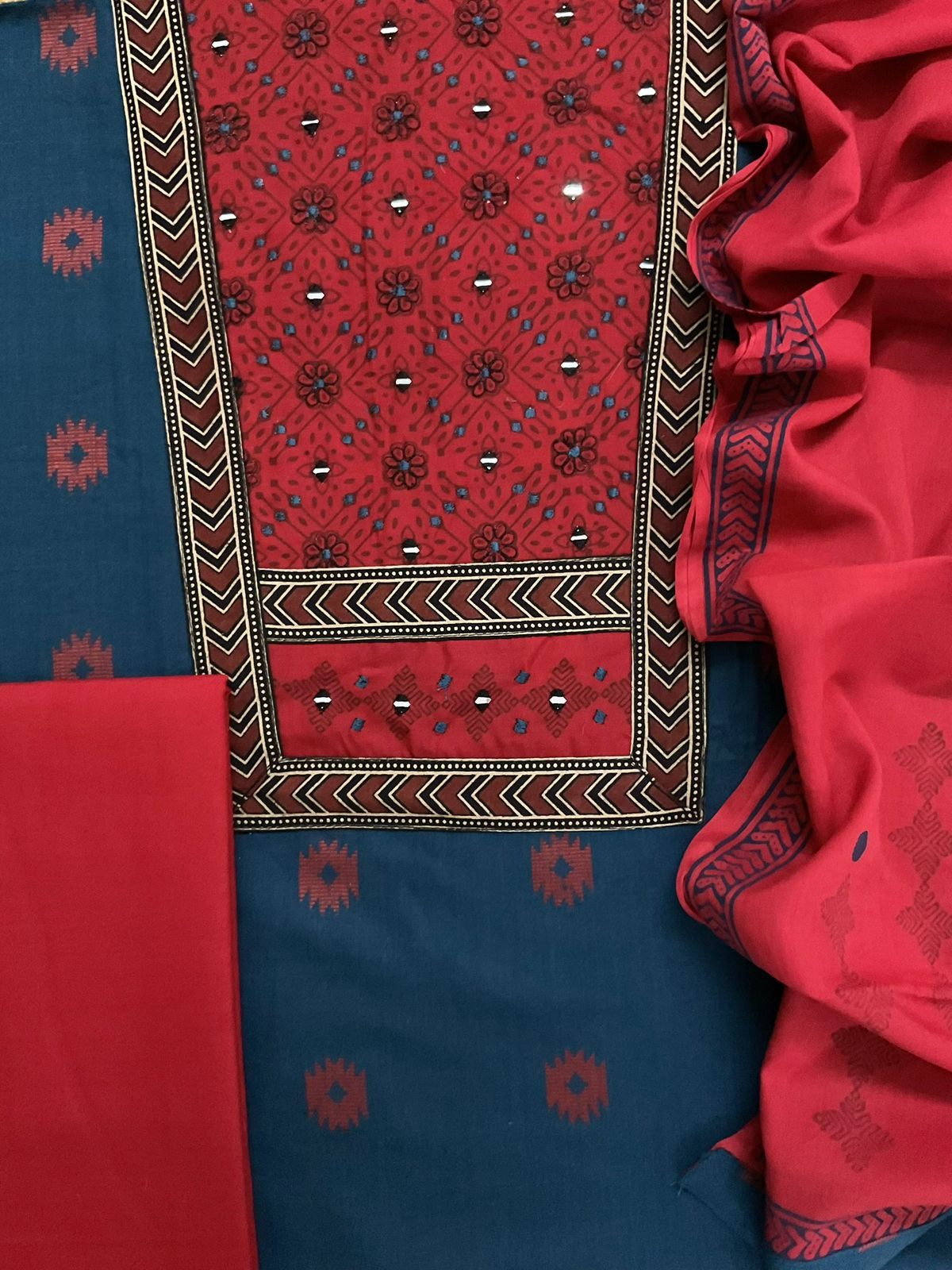 Pure Cotton Printed Embroidered Self Weaved Suit - Blue