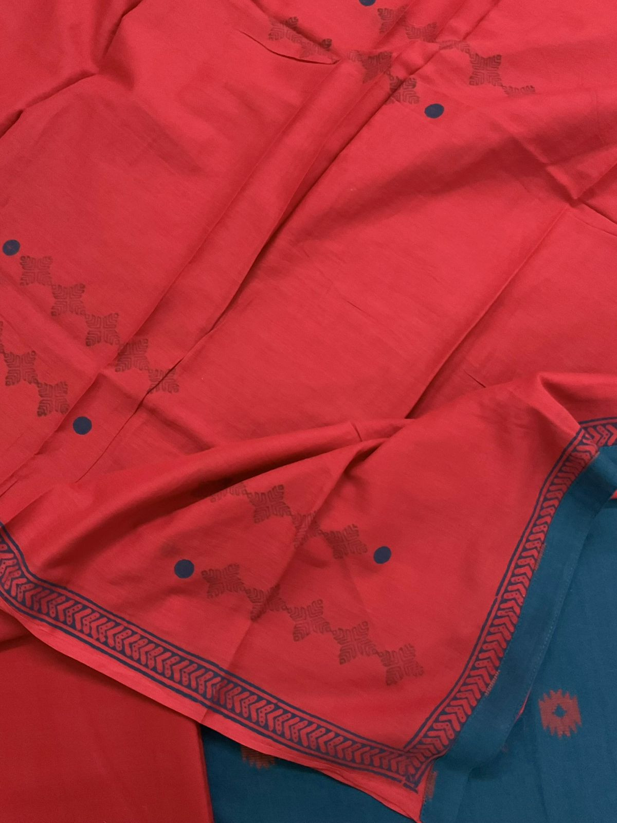 Pure Cotton Printed Embroidered Self Weaved Suit - Blue