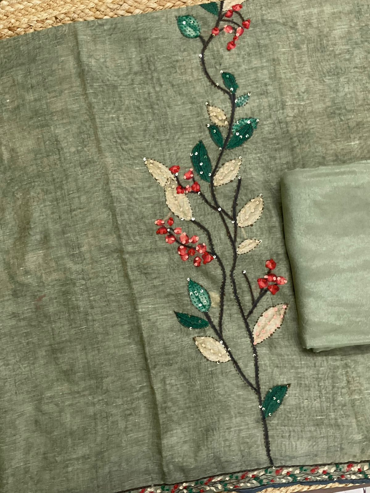 Soft Kora Chanderi Printed Embroidered Suit - Green