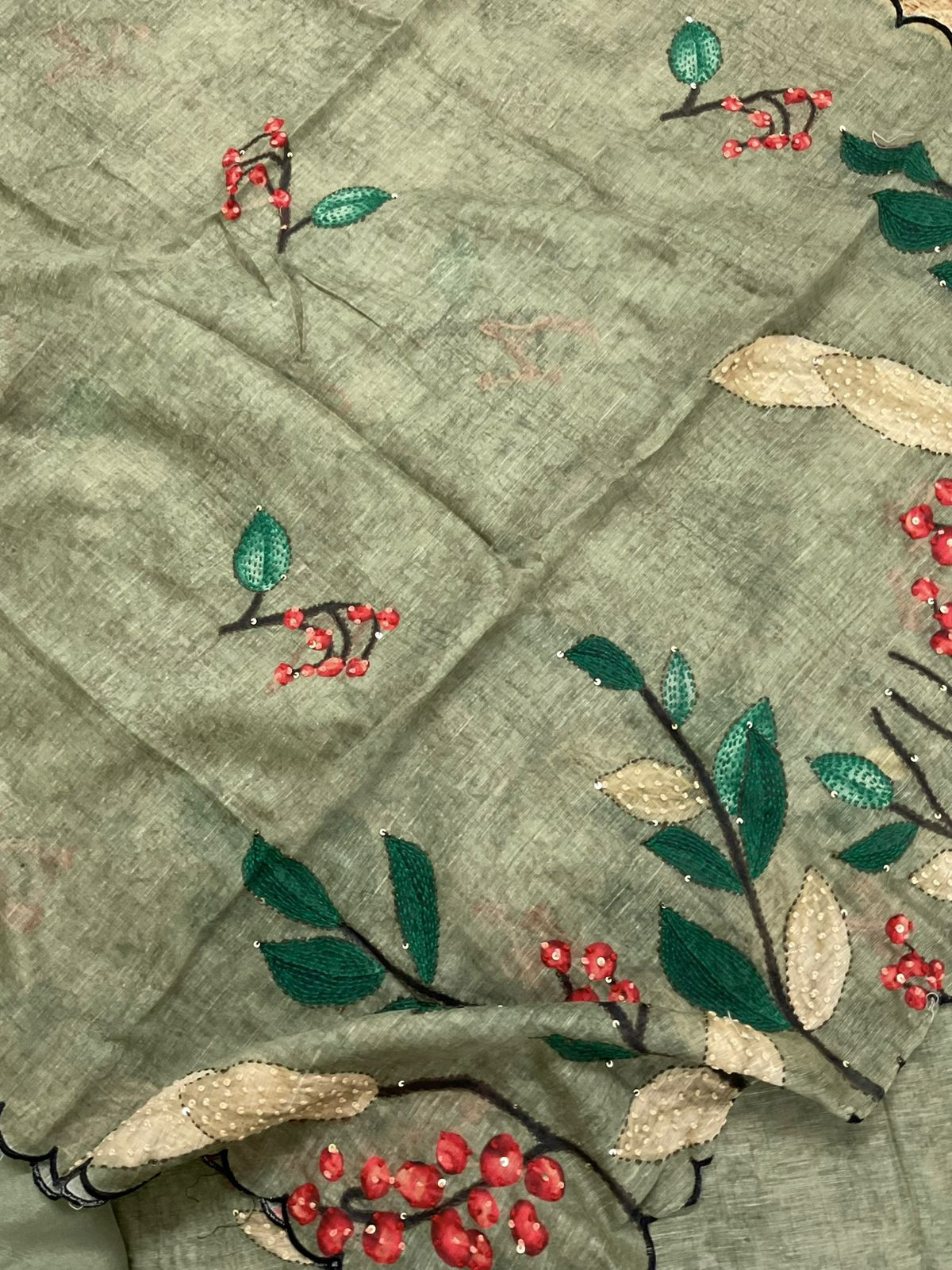 Soft Kora Chanderi Printed Embroidered Suit - Green