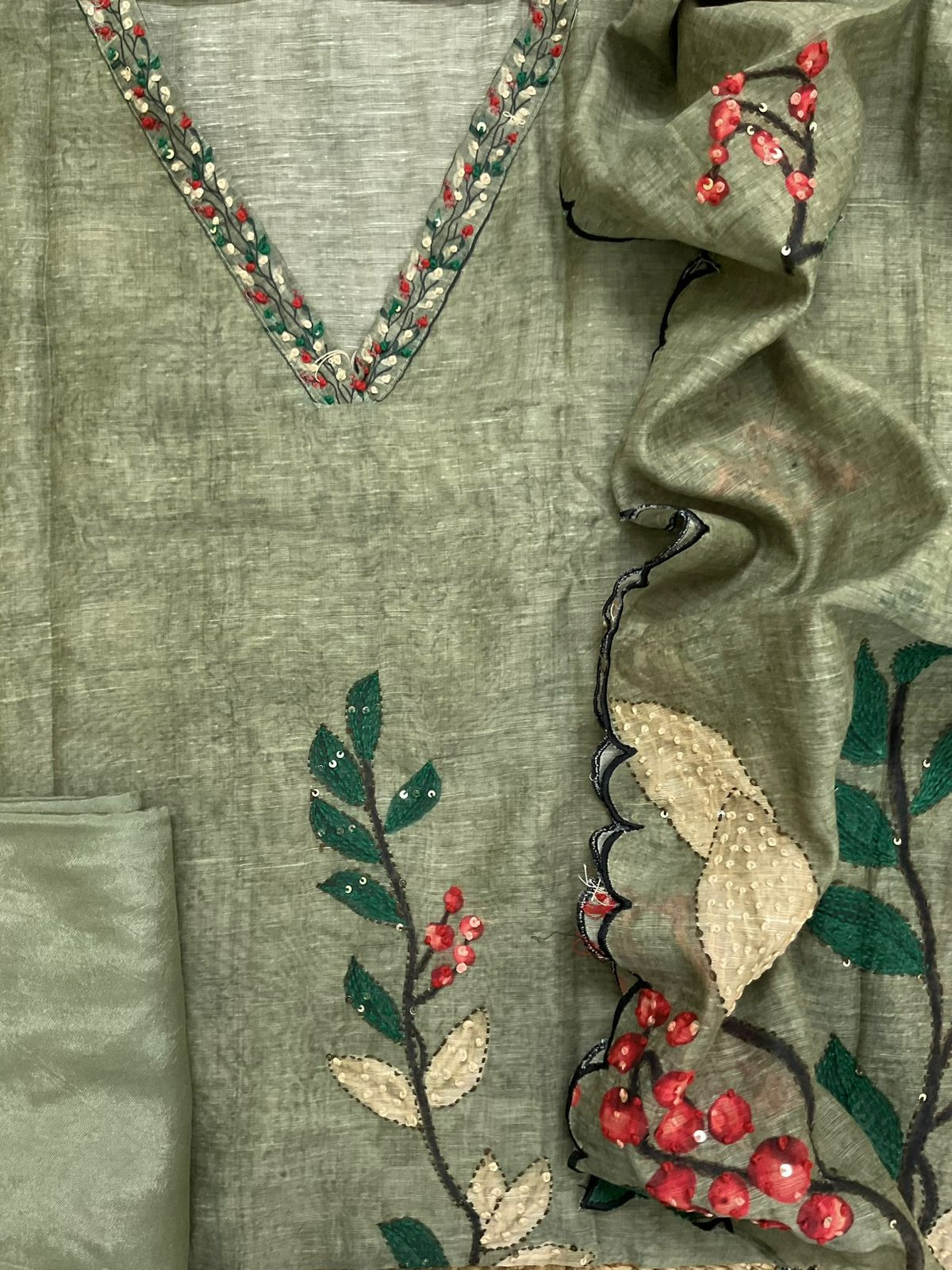 Soft Kora Chanderi Printed Embroidered Suit - Green