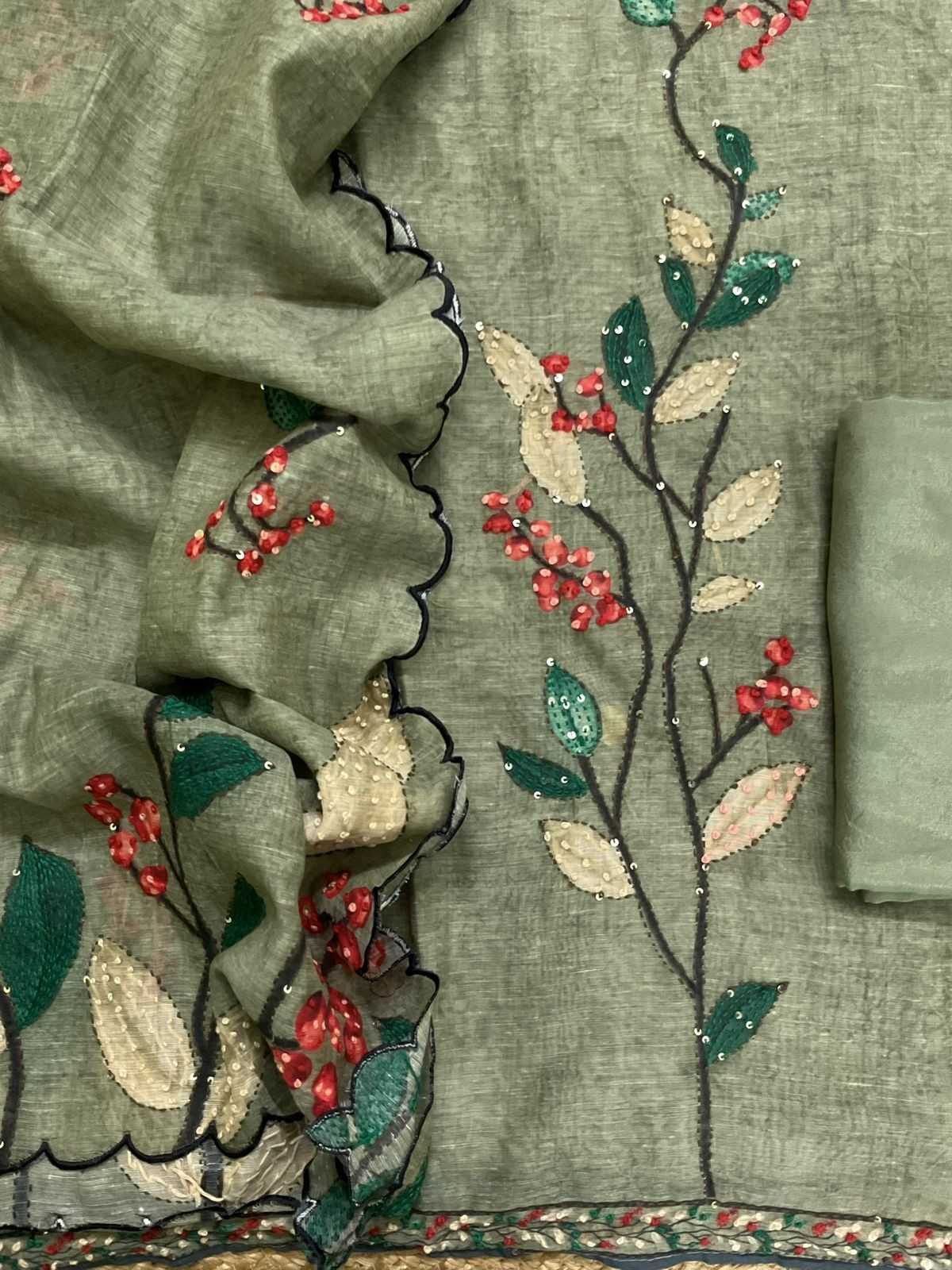 Soft Kora Chanderi Printed Embroidered Suit - Green