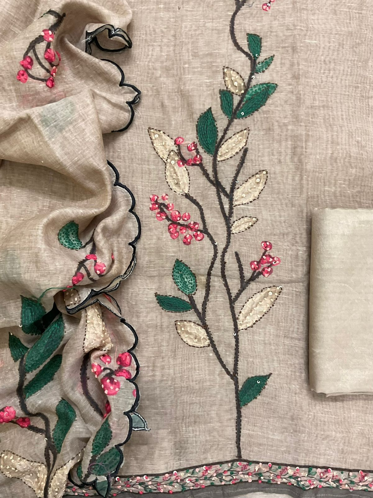 Soft Kora Chanderi Printed Embroidered Suit - Beige