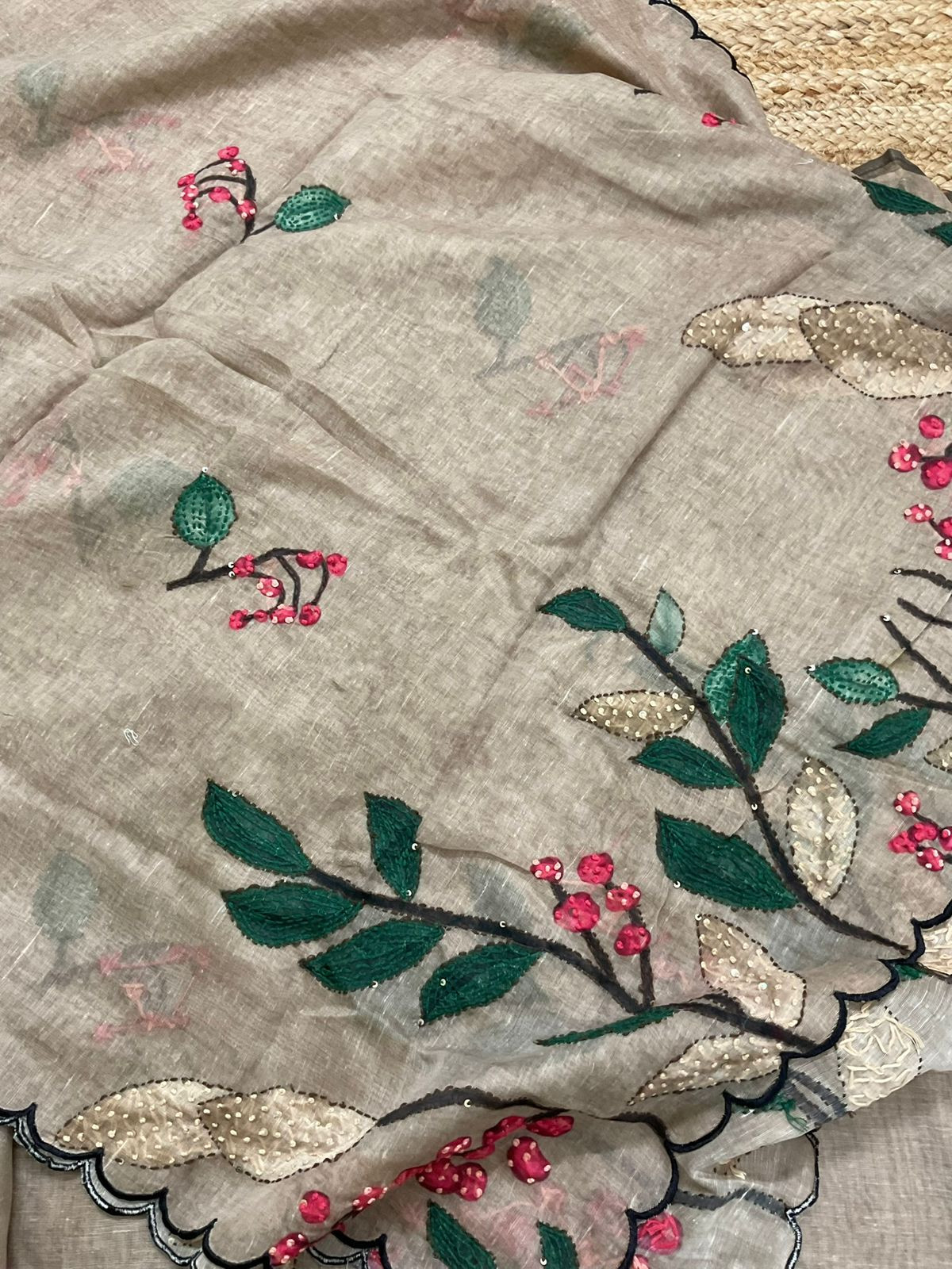 Soft Kora Chanderi Printed Embroidered Suit - Beige