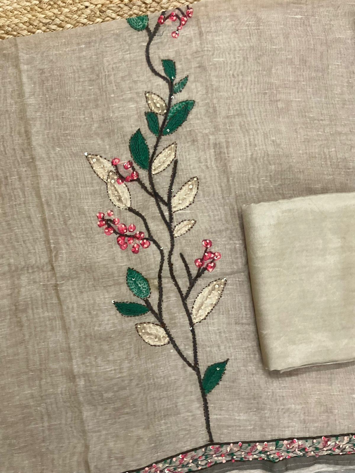 Soft Kora Chanderi Printed Embroidered Suit - Beige