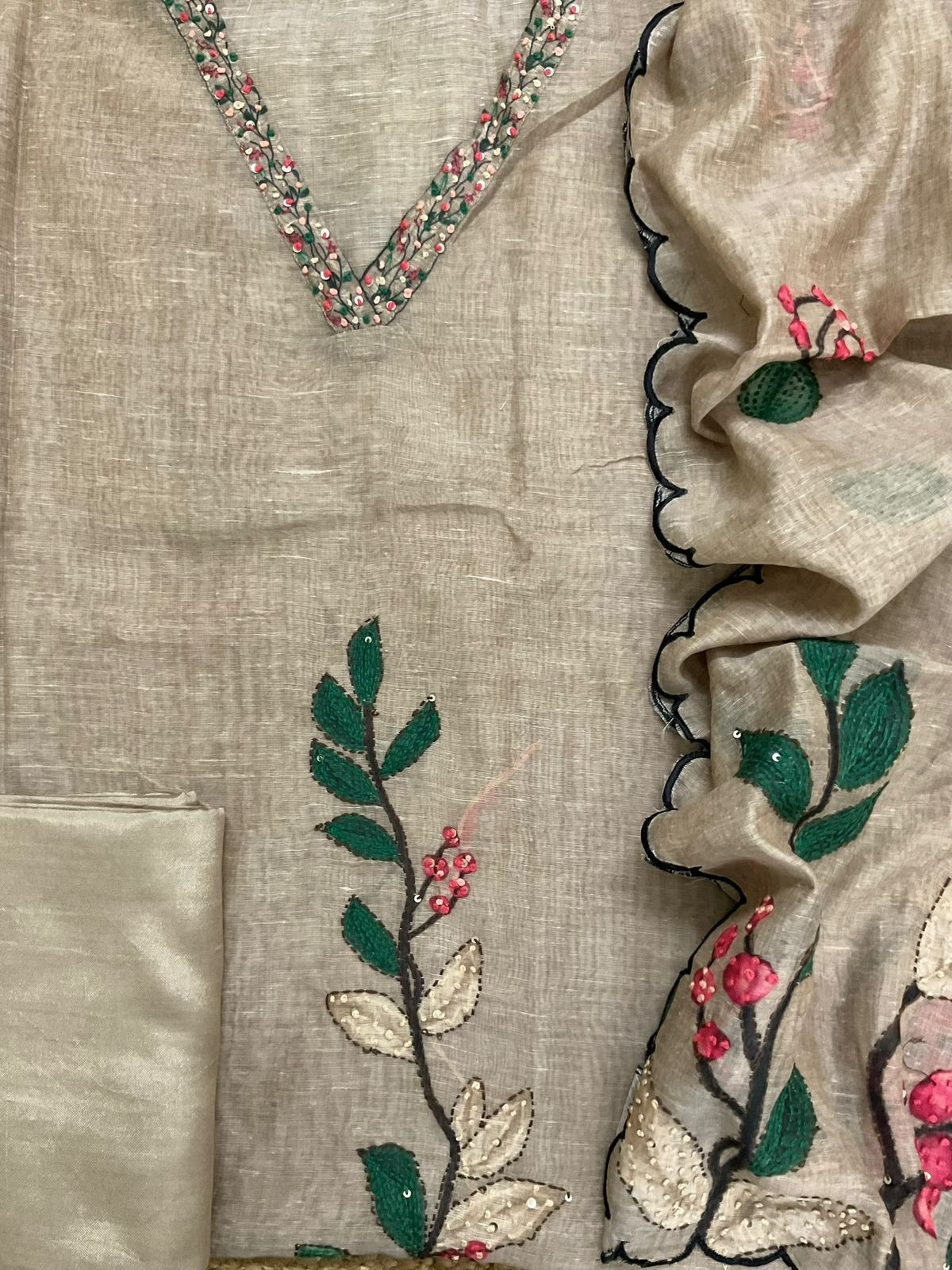 Soft Kora Chanderi Printed Embroidered Suit - Beige