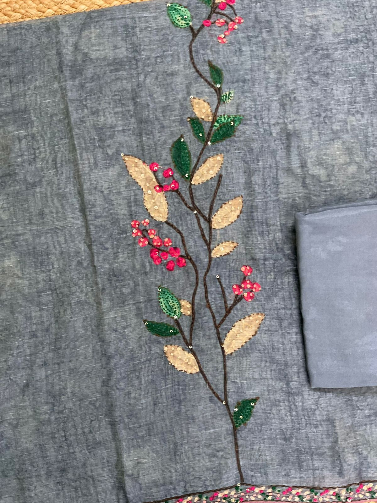 Soft Kora Chanderi Printed Embroidered Suit - Grey