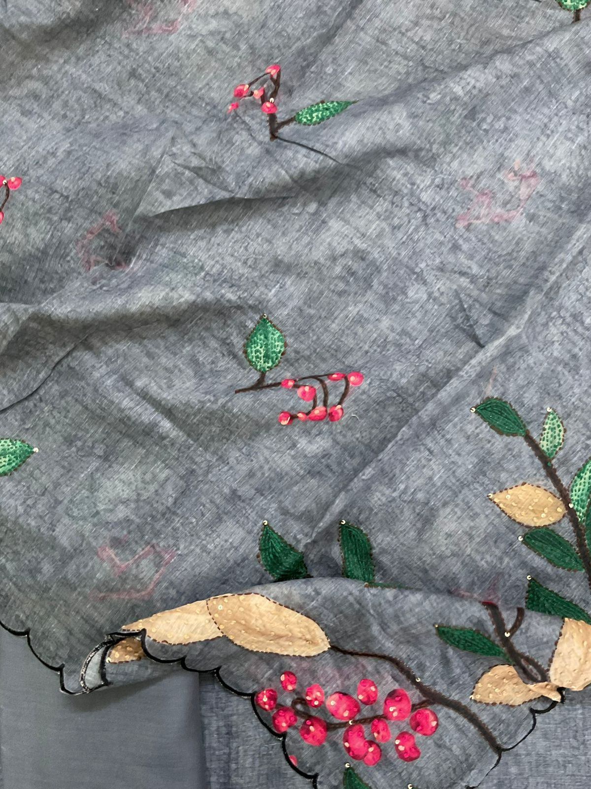 Soft Kora Chanderi Printed Embroidered Suit - Grey