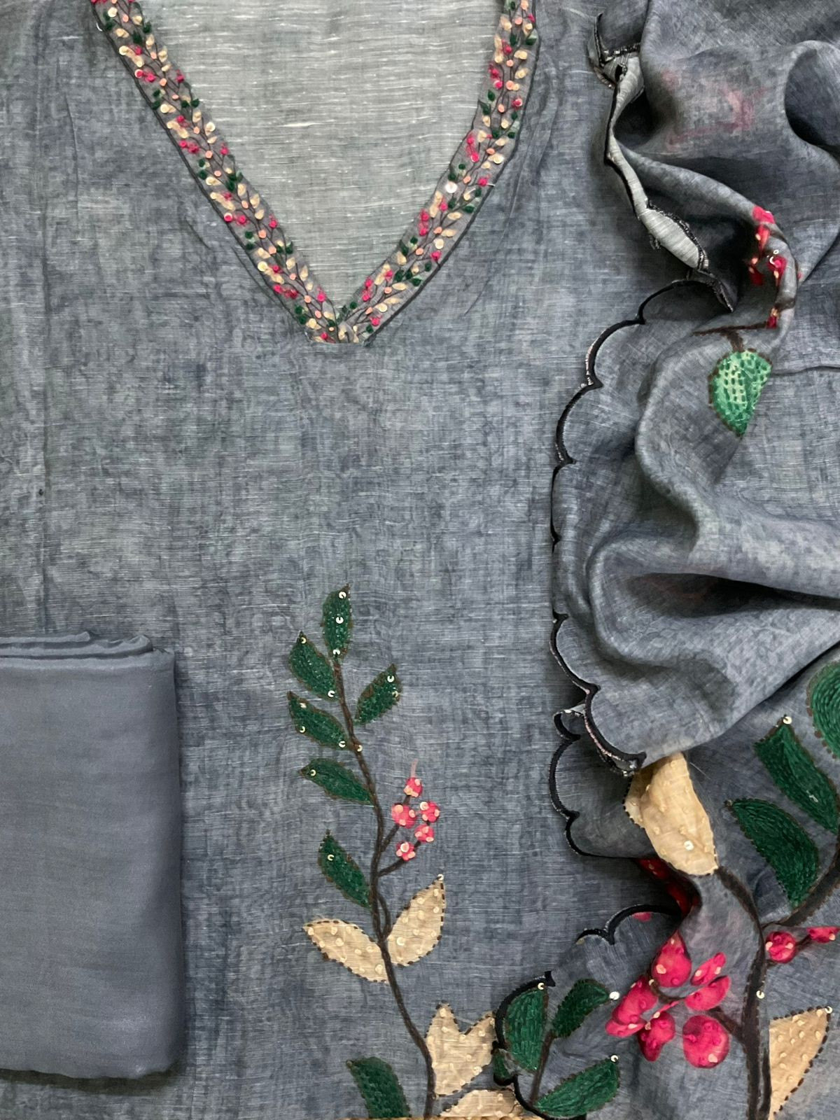 Soft Kora Chanderi Printed Embroidered Suit - Grey