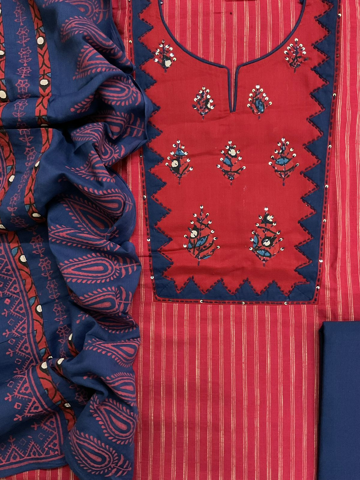 Pure Handloom Cotton Printed Embroidered Self Weaved Suit - Red