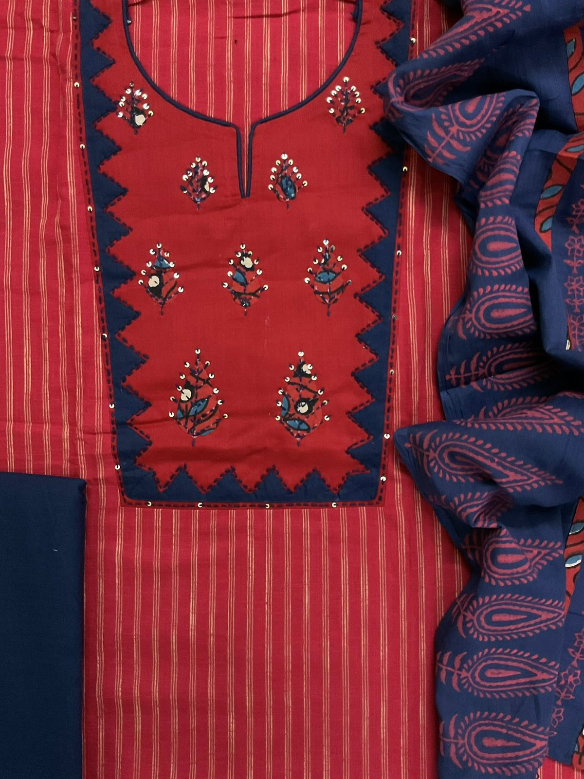 Pure Handloom Cotton Printed Embroidered Self Weaved Suit - Red
