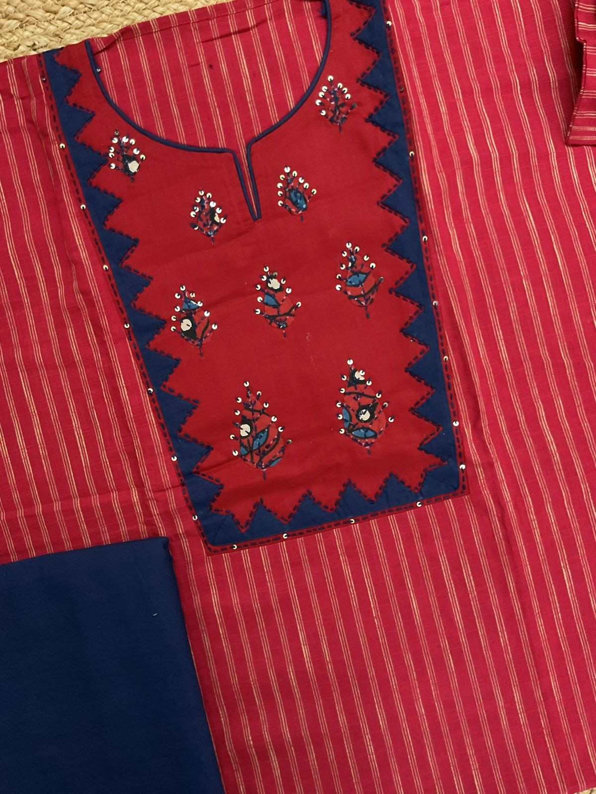 Pure Handloom Cotton Printed Embroidered Self Weaved Suit - Red