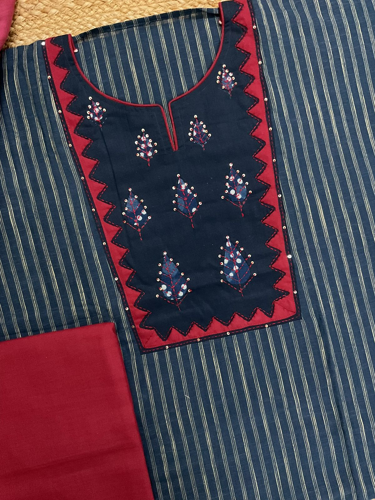 Pure Handloom Cotton Printed Embroidered Self Weaved Suit - Blue